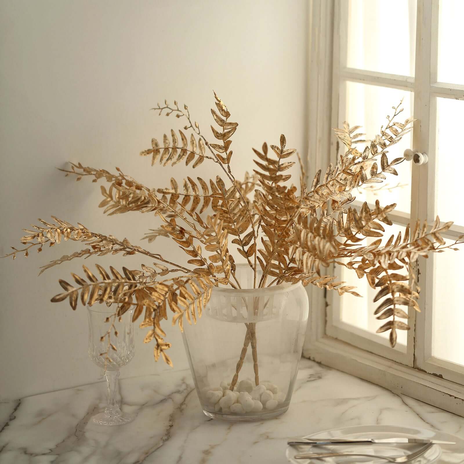 2-Pack Artificial Fern Leaf Branches Metallic Gold - Faux Decorative Bouquets for Glamorous Centerpiece Backdrop & Floral Decor 21"