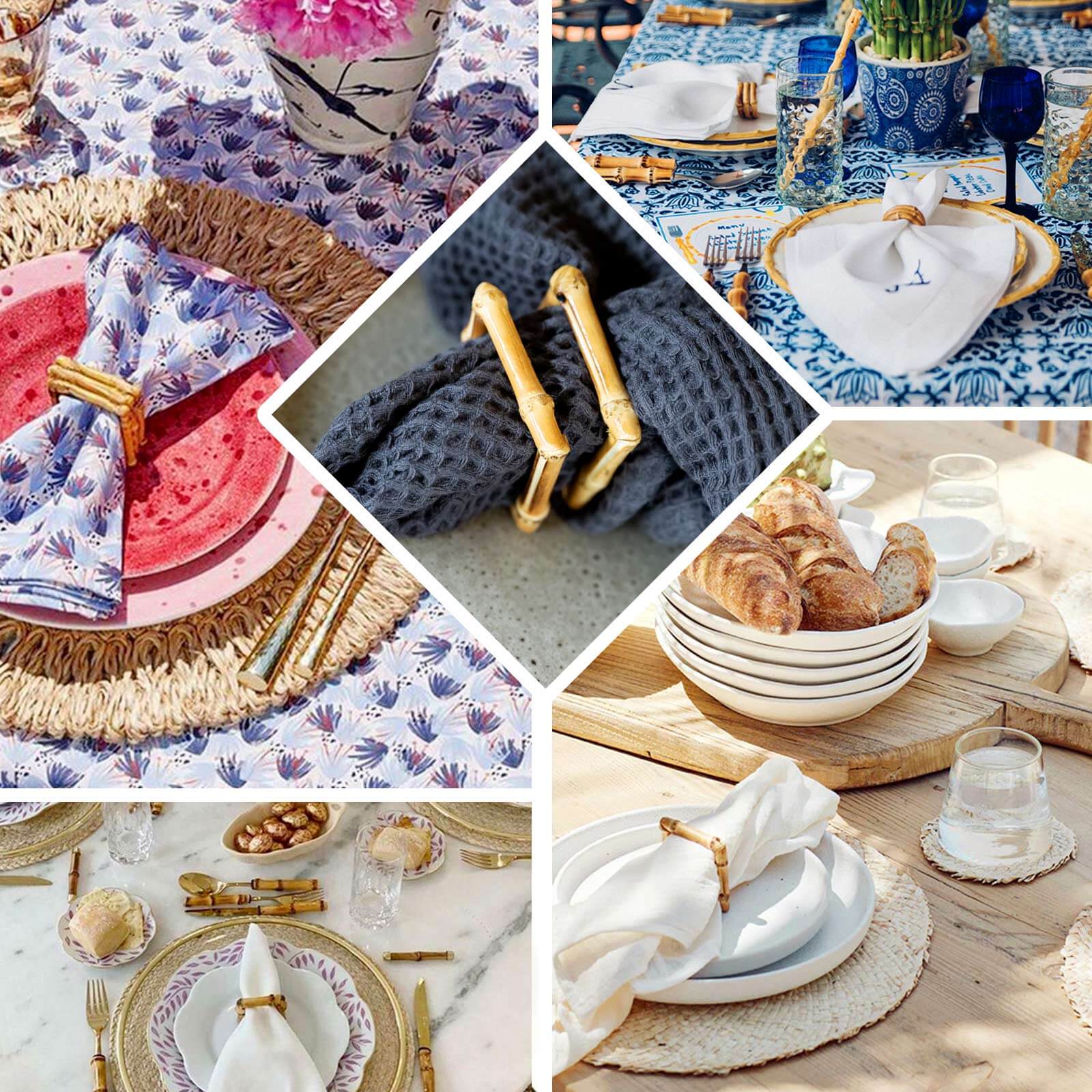 4 Pack Natural Bamboo Wooden Square Napkin Rings, Rustic Boho Chic Napkin Holders