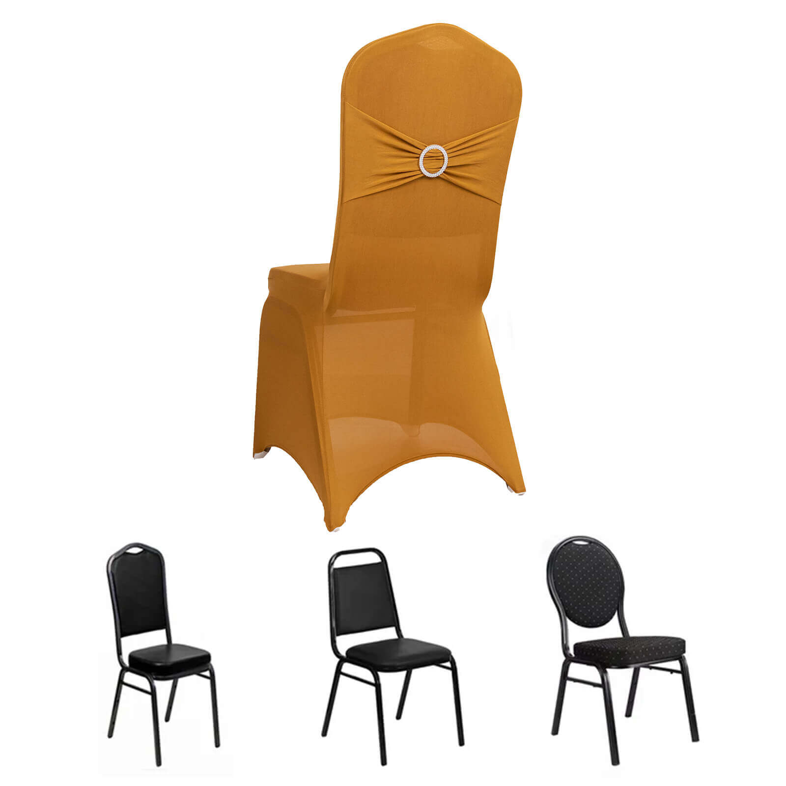 Spandex Chair Cover with Silver Rhinestone Buckled Sash Band Gold - Stylish Stretch Fitted Slipcover for Banquets & Events