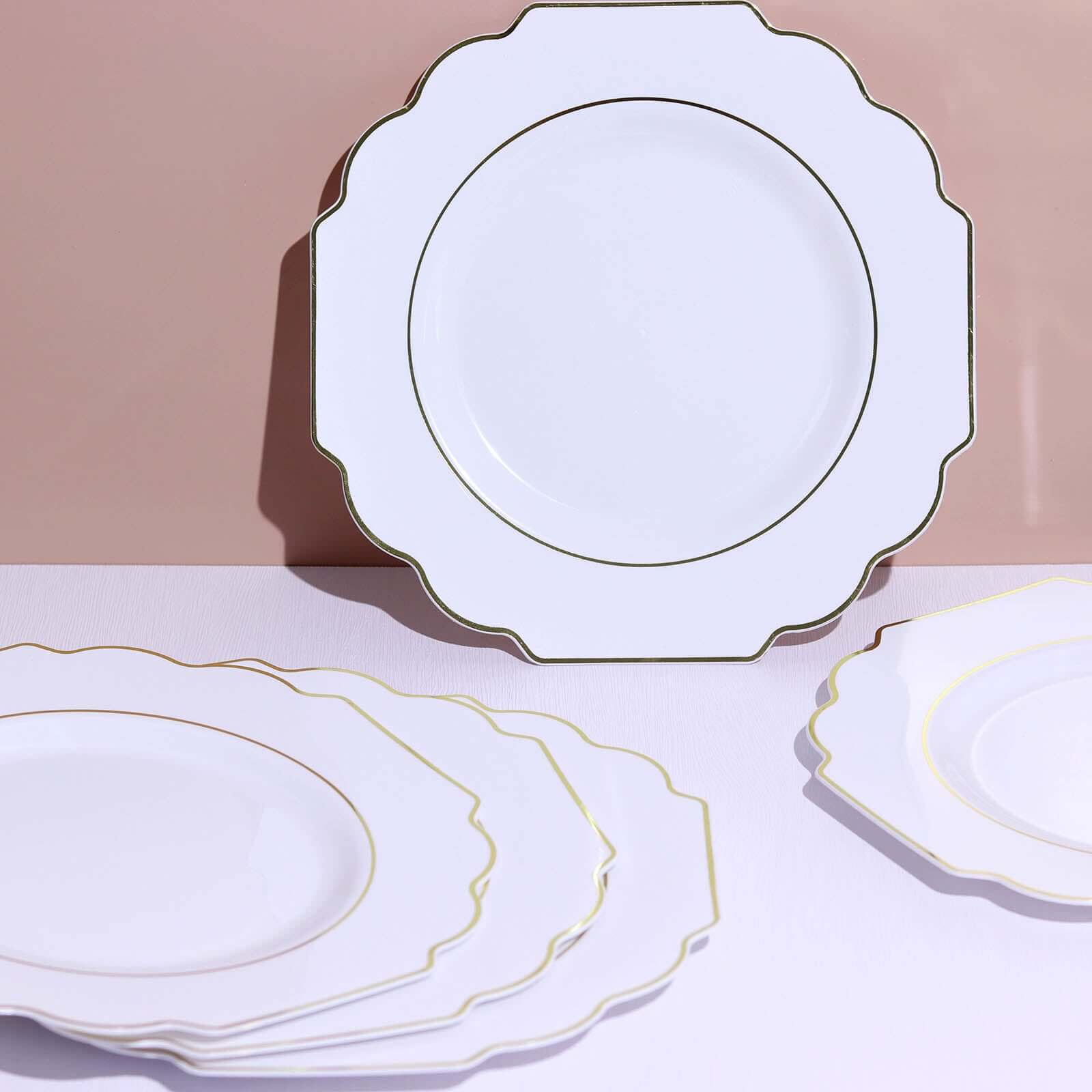 10-Pack Plastic Dinner Plates in White Baroque Design with Scalloped Gold Rim - Heavy Duty Disposable Party Plates for Events & Banquets 11"