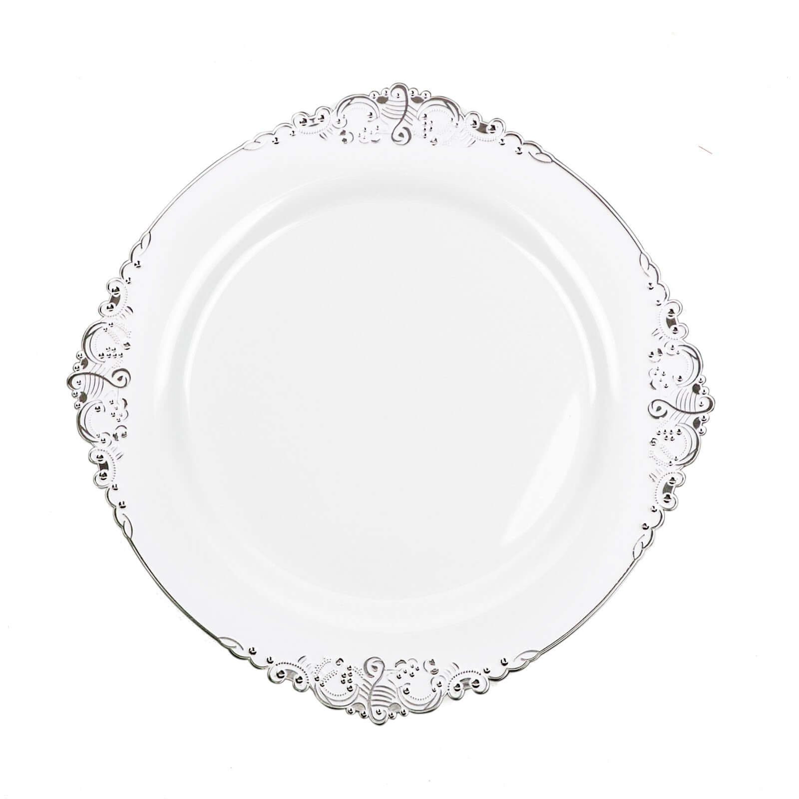 10-Pack Plastic 10" Round Dinner Plates in White with Silver Leaf Embossed Rim - Disposable Vintage Baroque Style Plates