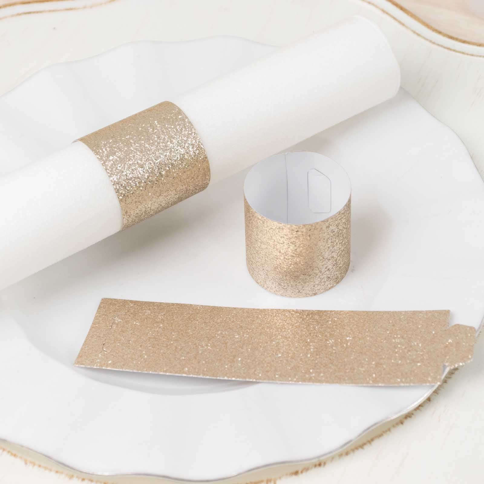 50-Pack Paper Napkin Rings Beige Glitter - Stylish Disposable Napkin Holders 1.5"