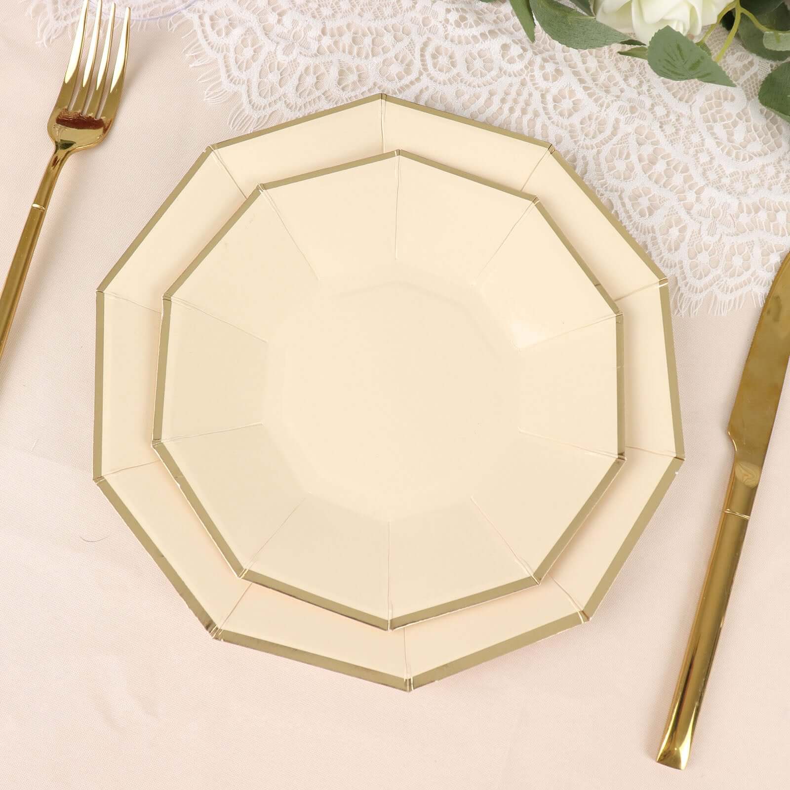 25-Pack Paper 7" Decagon Appetizer Plates in Beige with Gold Foil Rim