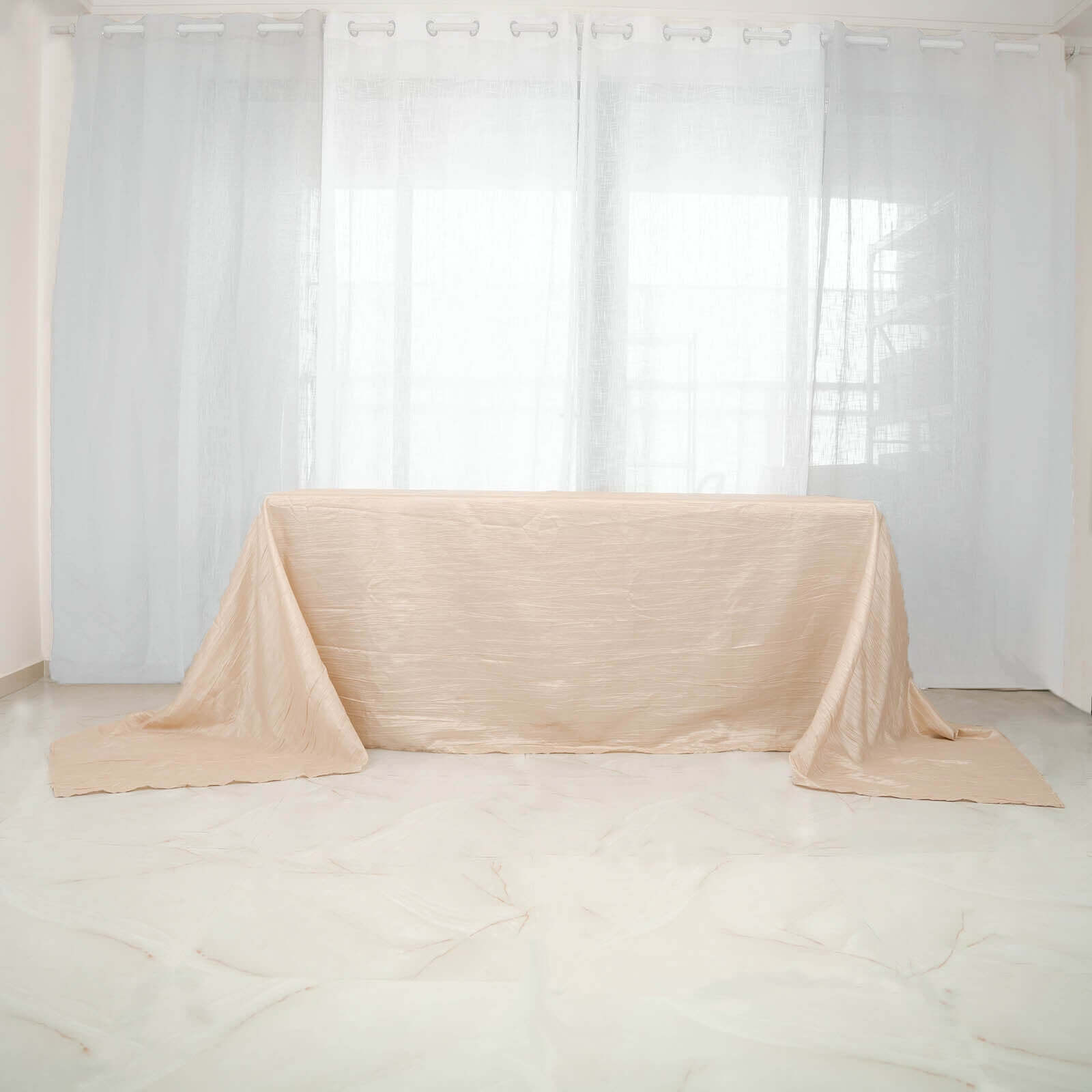 Taffeta 90"x156" Rectangle Tablecloth Beige - Accordion Crinkle Seamless Table Cover