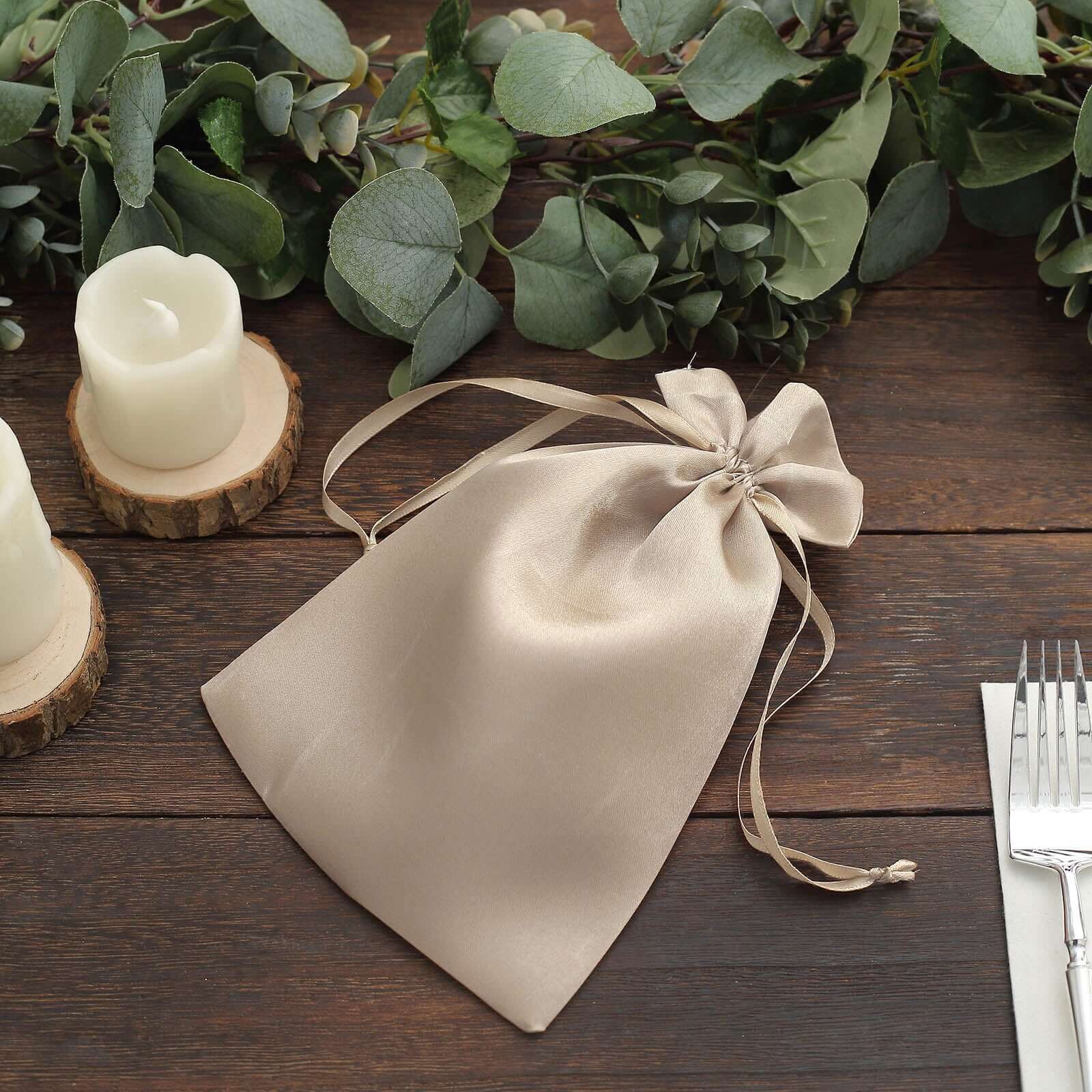 12 Pack 6"x9" Beige Satin Drawstring Wedding Party Favor Gift Bags
