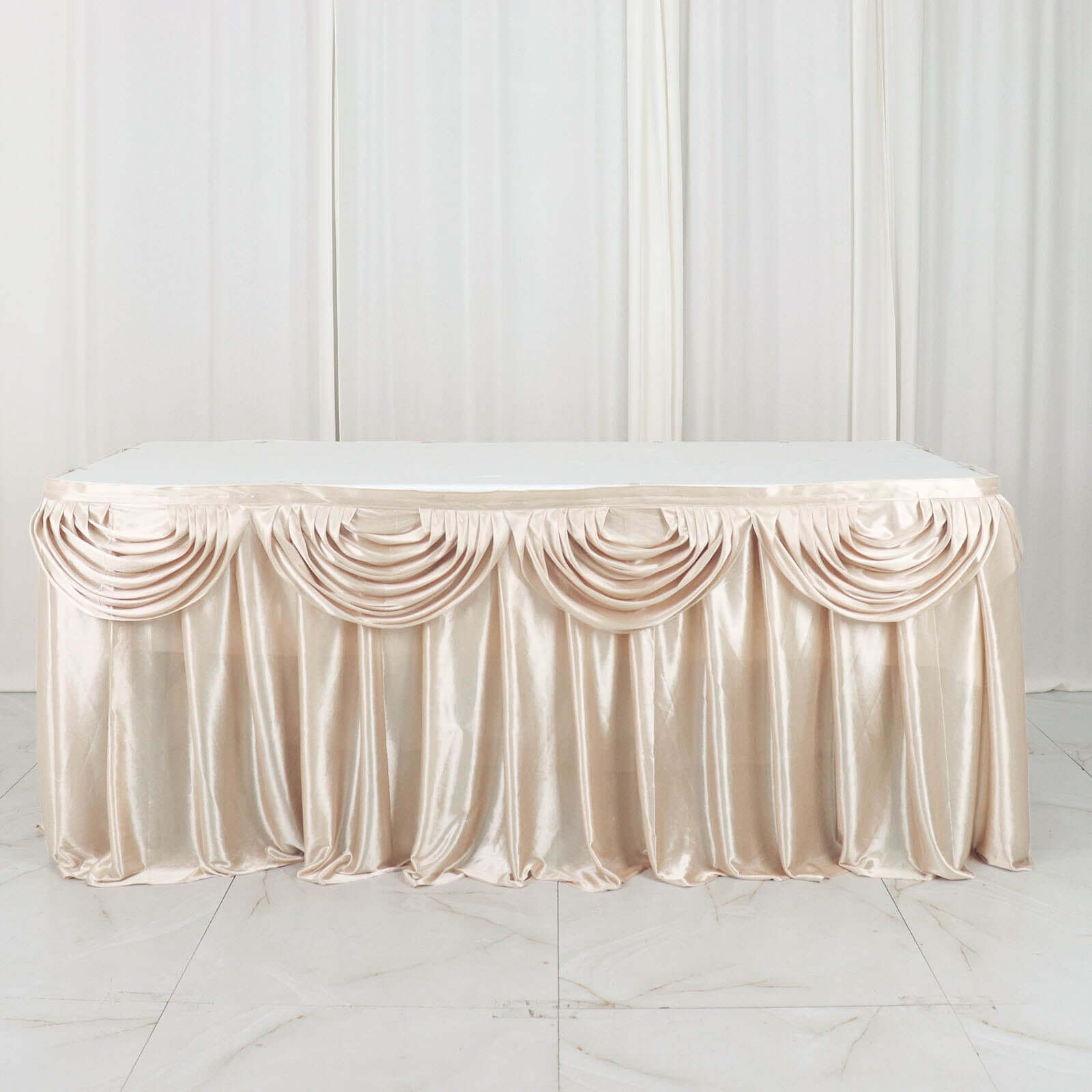 Satin 14ft Table Skirt Beige - Pleated Double Drape Table Cover