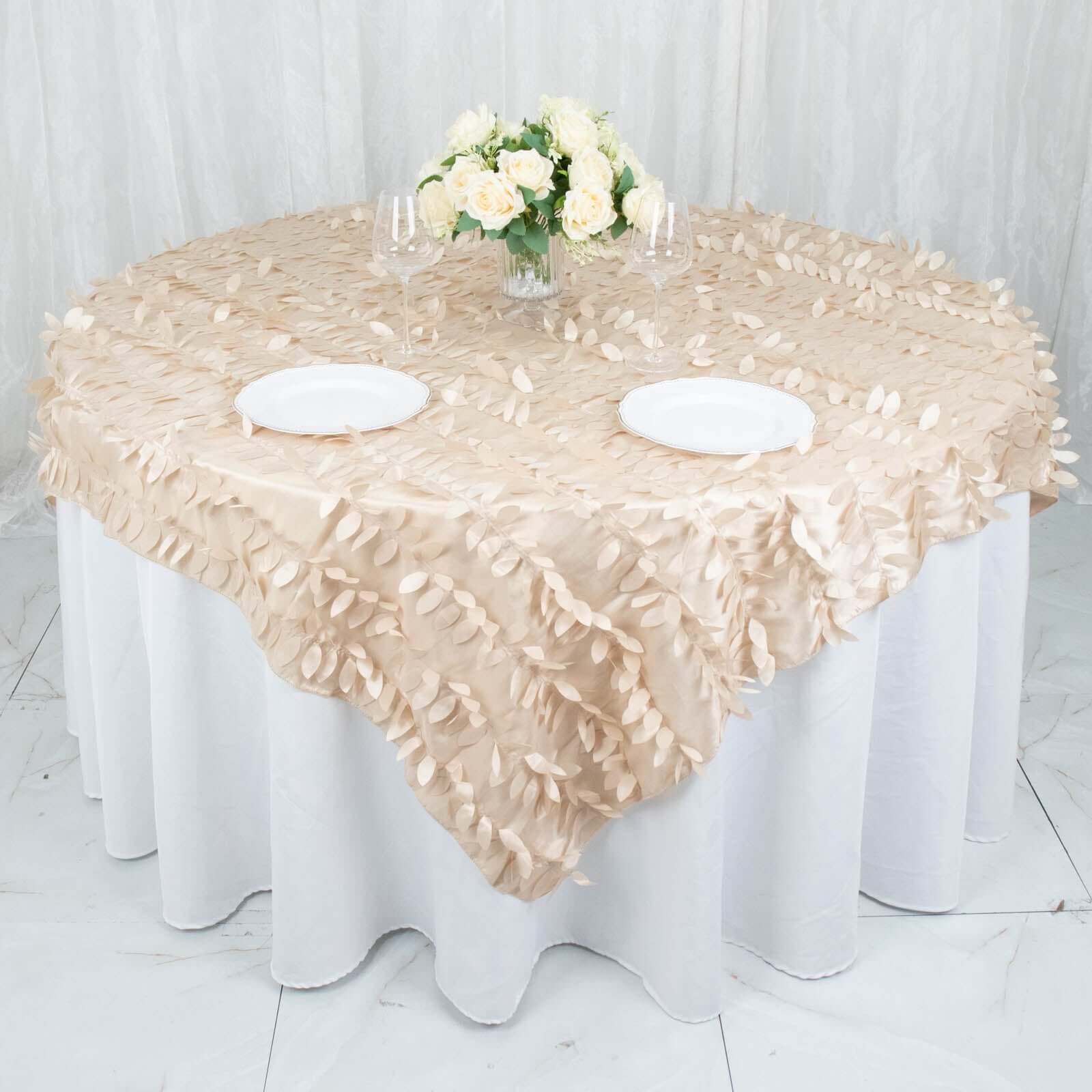 Taffeta 72"x72" Table Overlay Square Tablecloth Beige - 3D Leaf Petal Table Cover