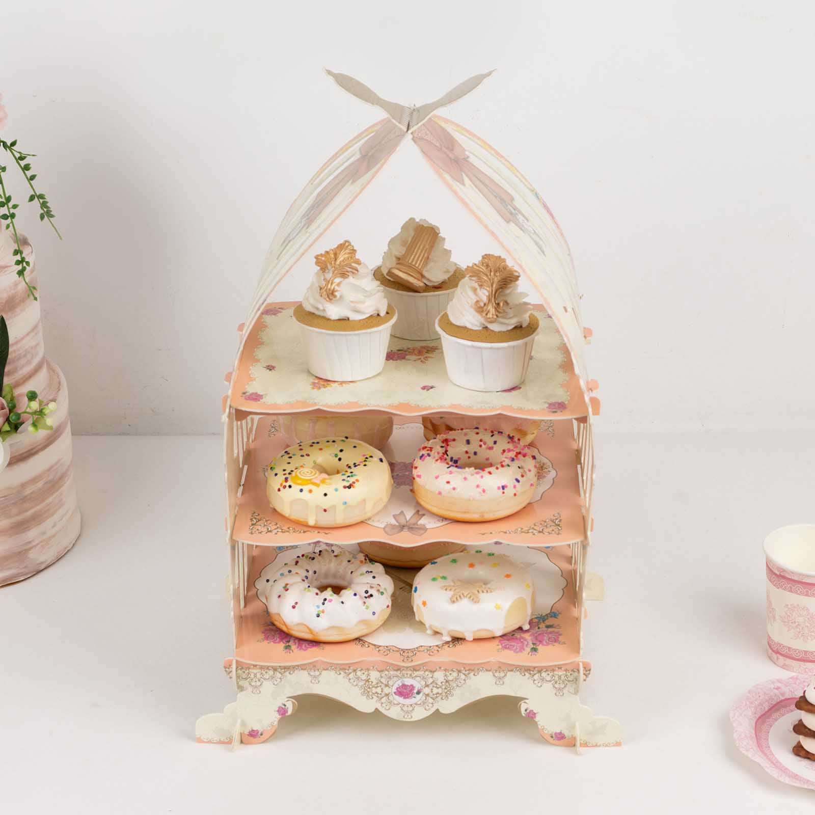 3 Tier Cardboard Cupcake Stand White/Peach Birdcage Style - Charming Reusable Cake Display Holder with Floral Print for Dessert Bars Afternoon Teas & Party Decor 18"