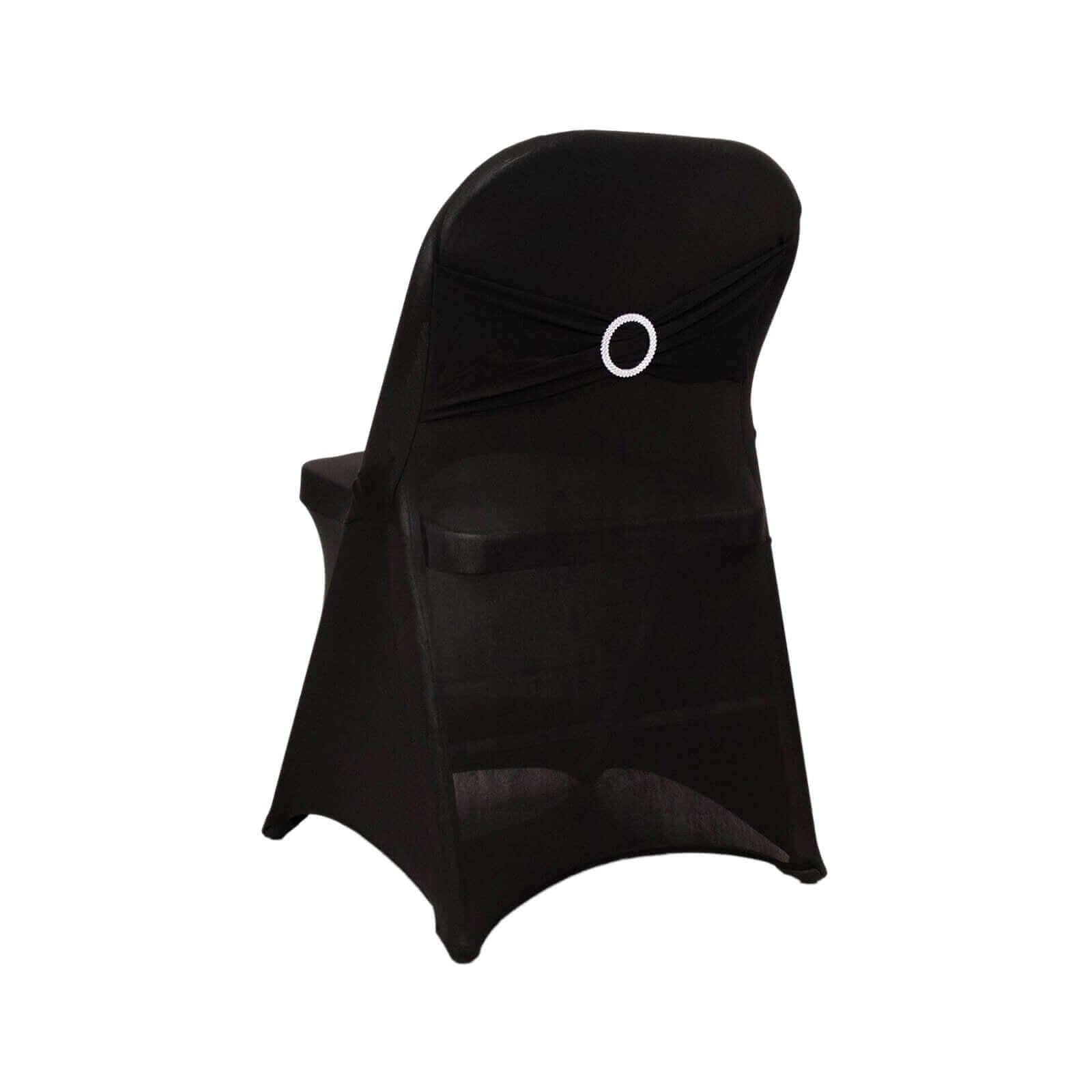 Stretch Spandex Chair Cover Black for Folding Chairs - Enhanced Style & Secure Fit Slipcover with Stunning Silver Rhinestone Buckled Sash Band