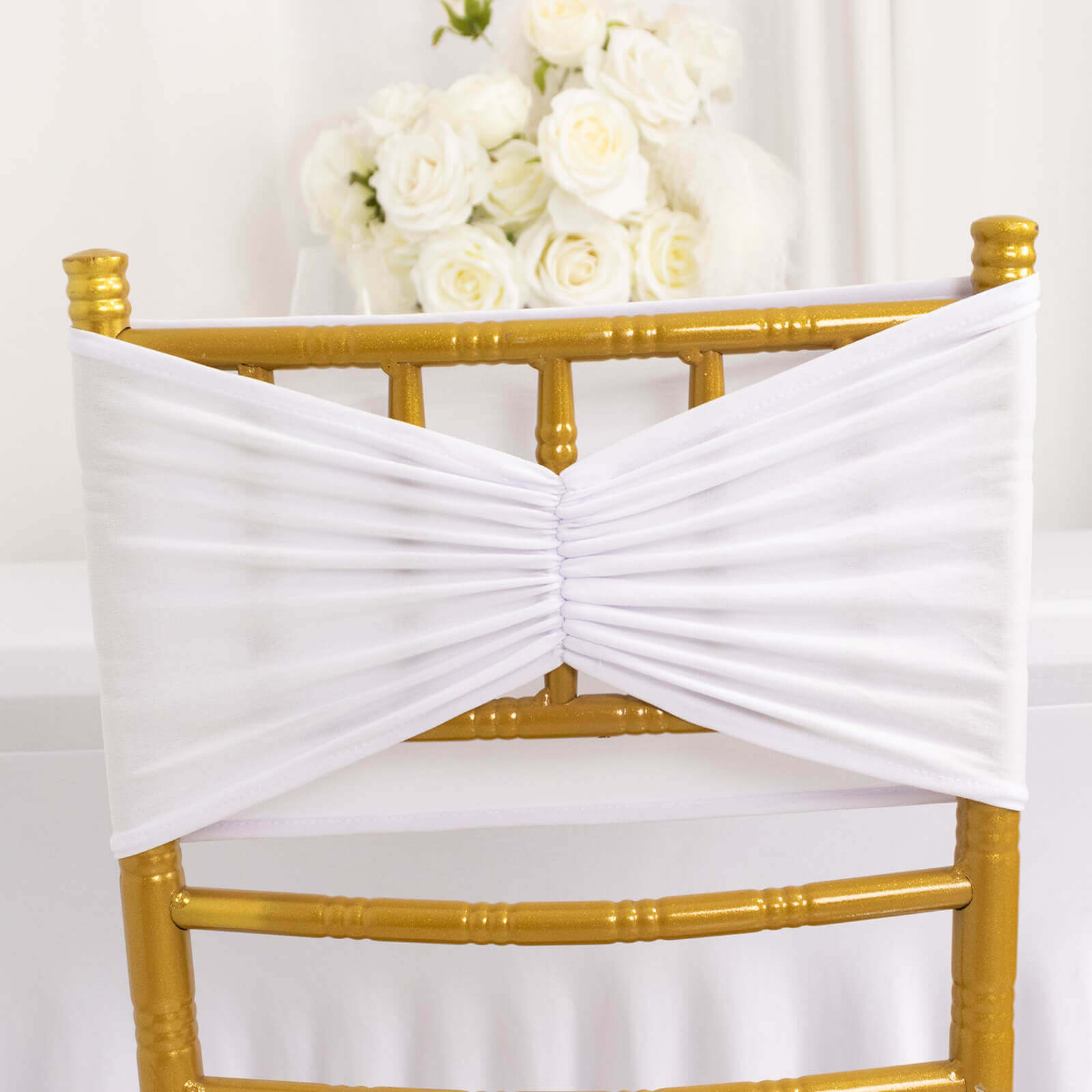 5 Pack Spandex Chair Sashes White Ruffled Style - Wide Easy to Use Stretch Chair Bands for Classy Wedding and Event Decor 8"x13"