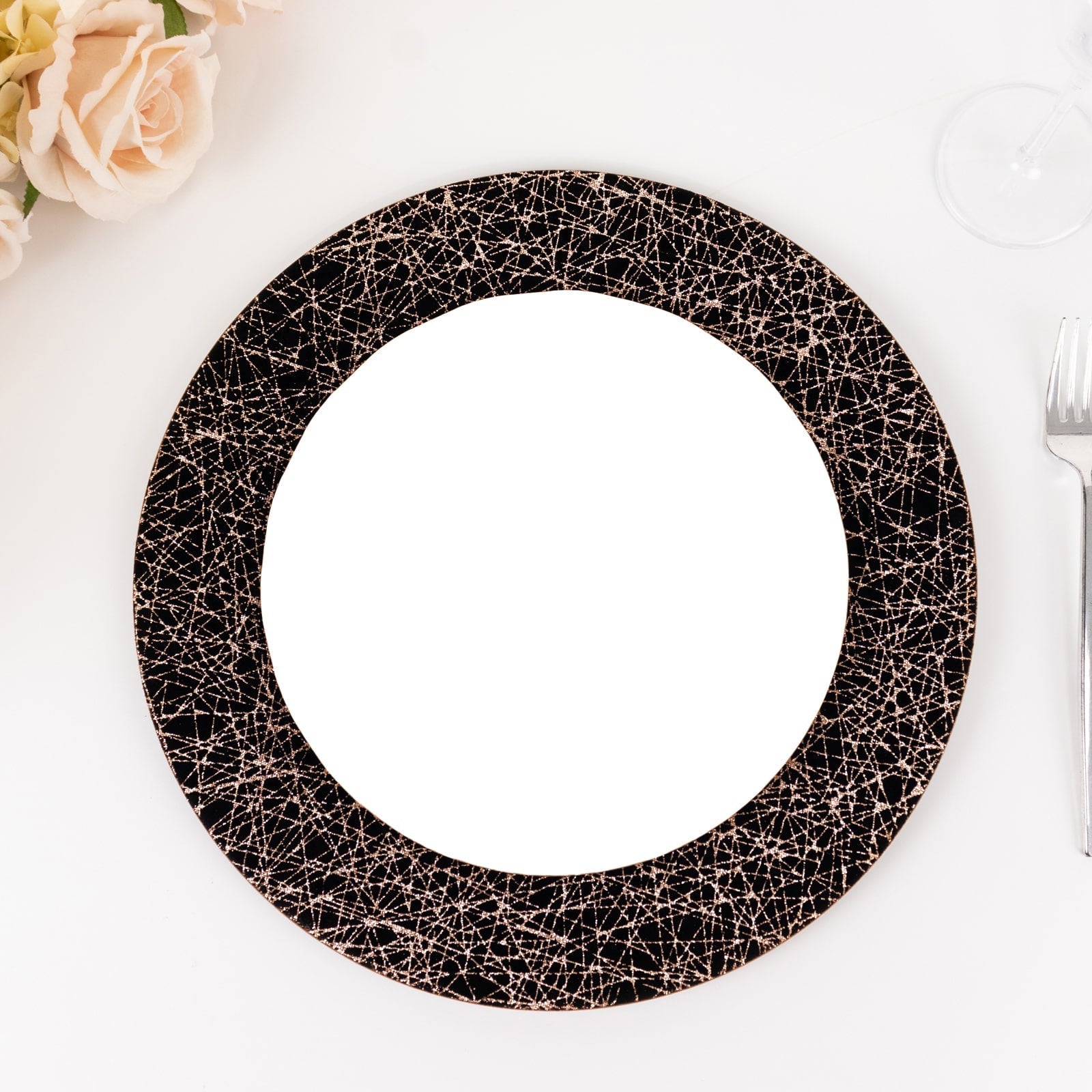 6-Pack Acrylic Round Charger Plates 13" in Black with Gold Glitter Abstract Lines Pattern, Decorative Dinner Party Charger Tableware