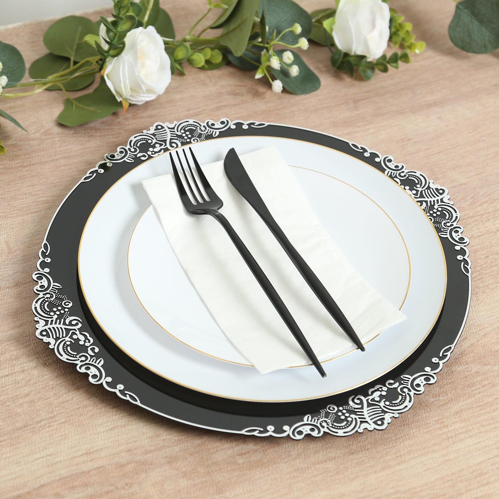 20-Pack Economy Plastic Round Charger Plates 13" in Black with Silver Embossed Baroque Rim, Stylish Dinner Party Serving Plates
