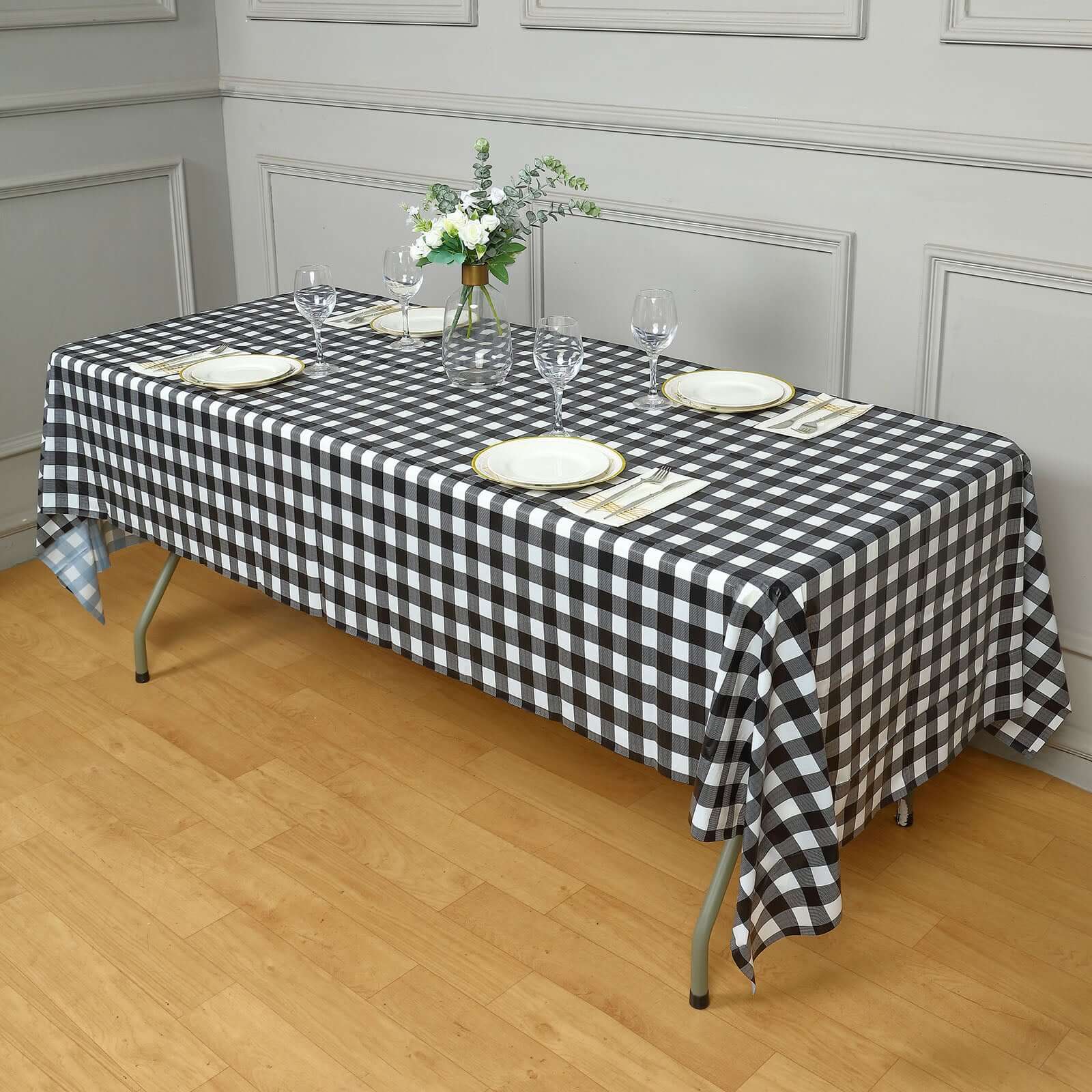 5-Pack Plastic Table Covers Black Checkered Rectangle - Durable PVC Disposable Covers for Events 54"x108"