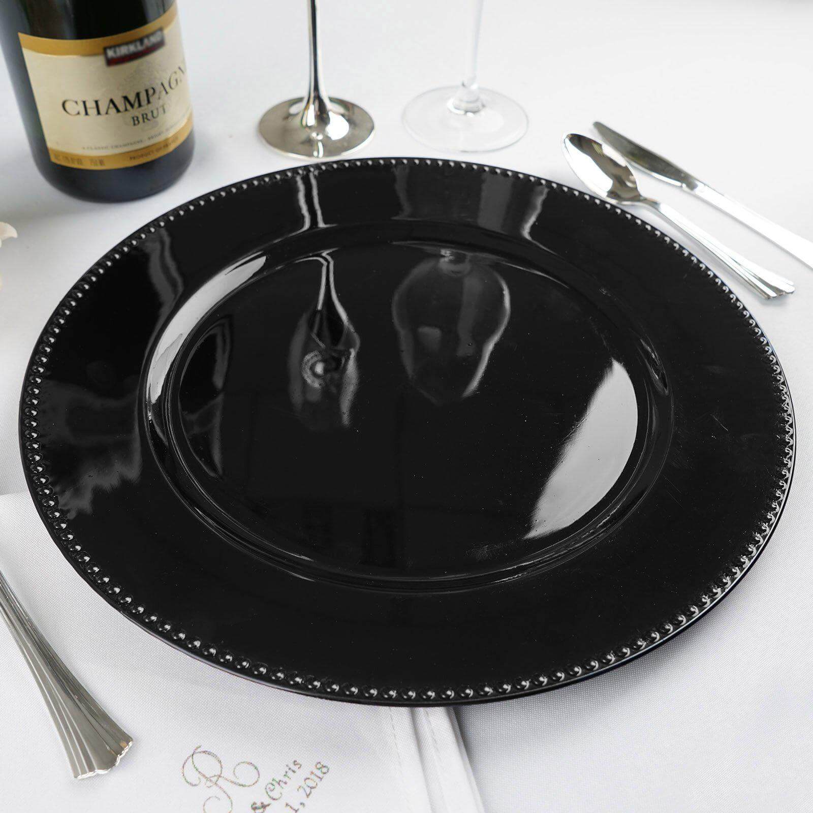 6-Pack Acrylic Round Charger Plates 13" in Black with Beaded Rim, Dinner Charger Event Tabletop Decor