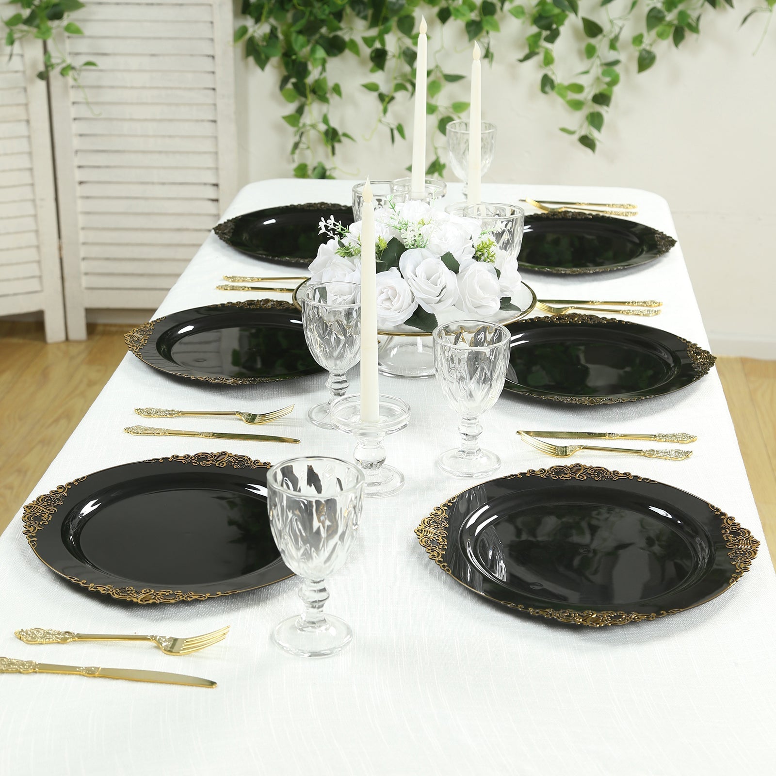 20-Pack Economy Plastic Round Charger Plates 13" in Black with Gold Embossed Baroque Rim, Stylish Dinner Party Serving Plates
