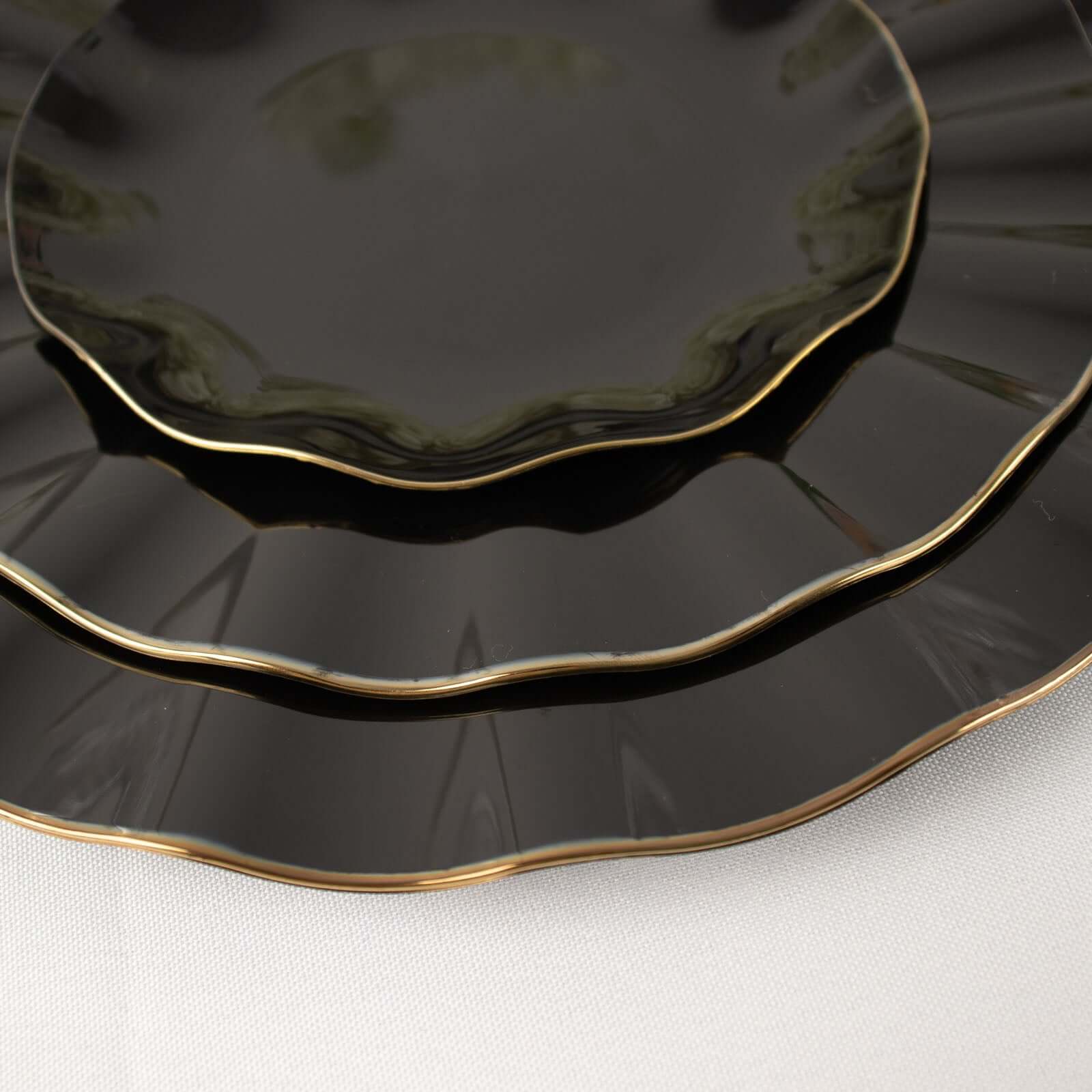 10-Pack Plastic Round 6" Dessert Plates in Black Ruffled Rim with Gold Edging - Sturdy Disposable Salad Appetizer Dinnerware