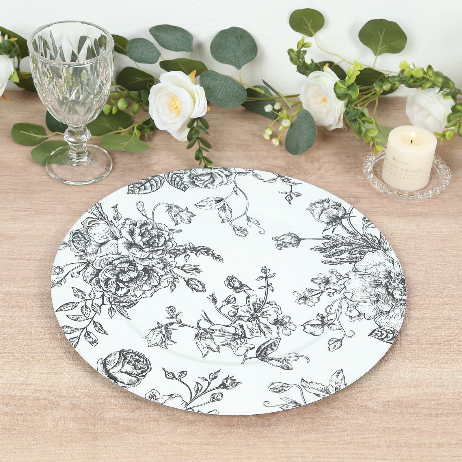 6-Pack Acrylic Round Charger Plates 13" in White with Black Floral French Toile Pattern, Decorative Dinner Party Charger Tableware