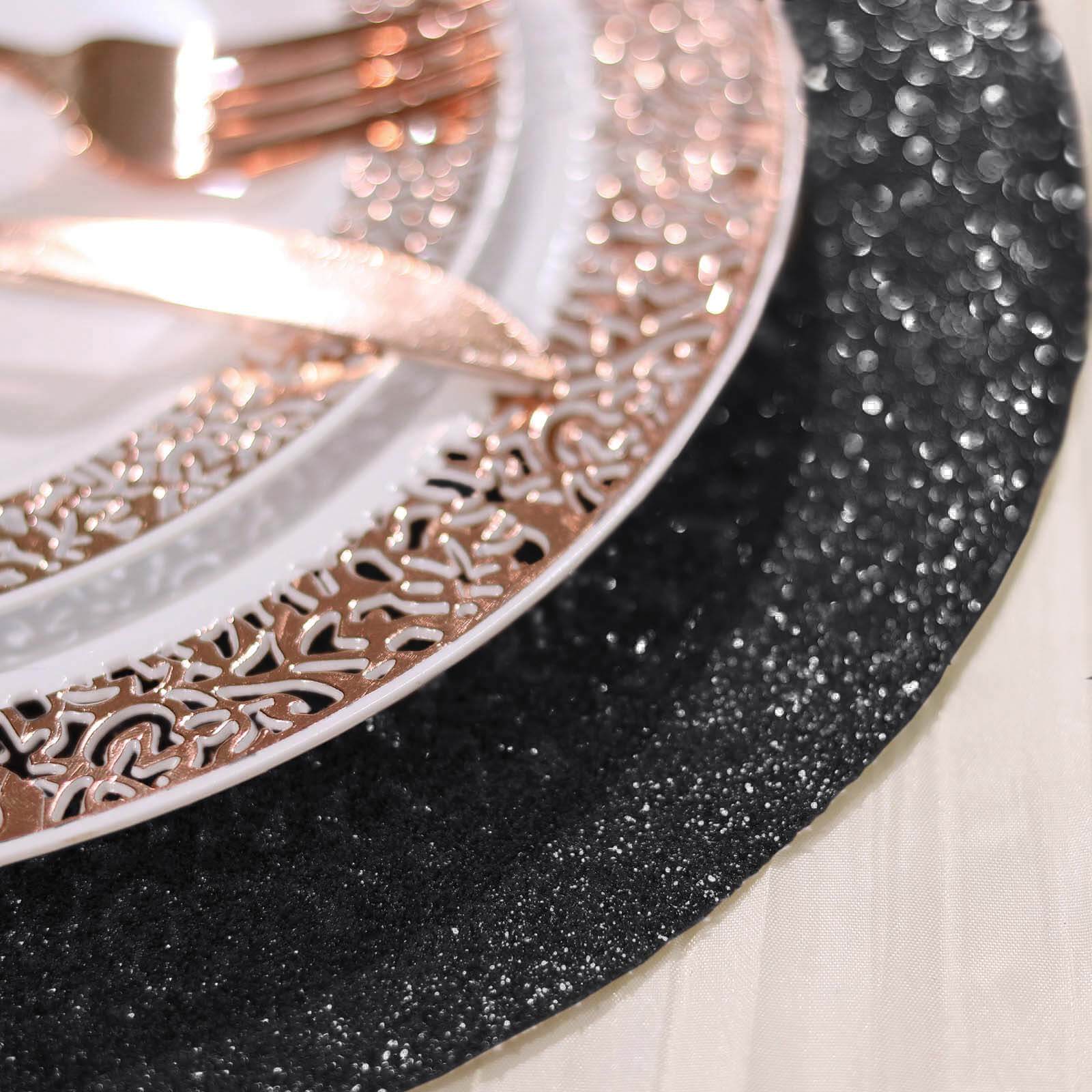 6-Pack Placemats Glitter Design Black Sparkle Round - Non-Slip Decorative Dining Table Mats 13"