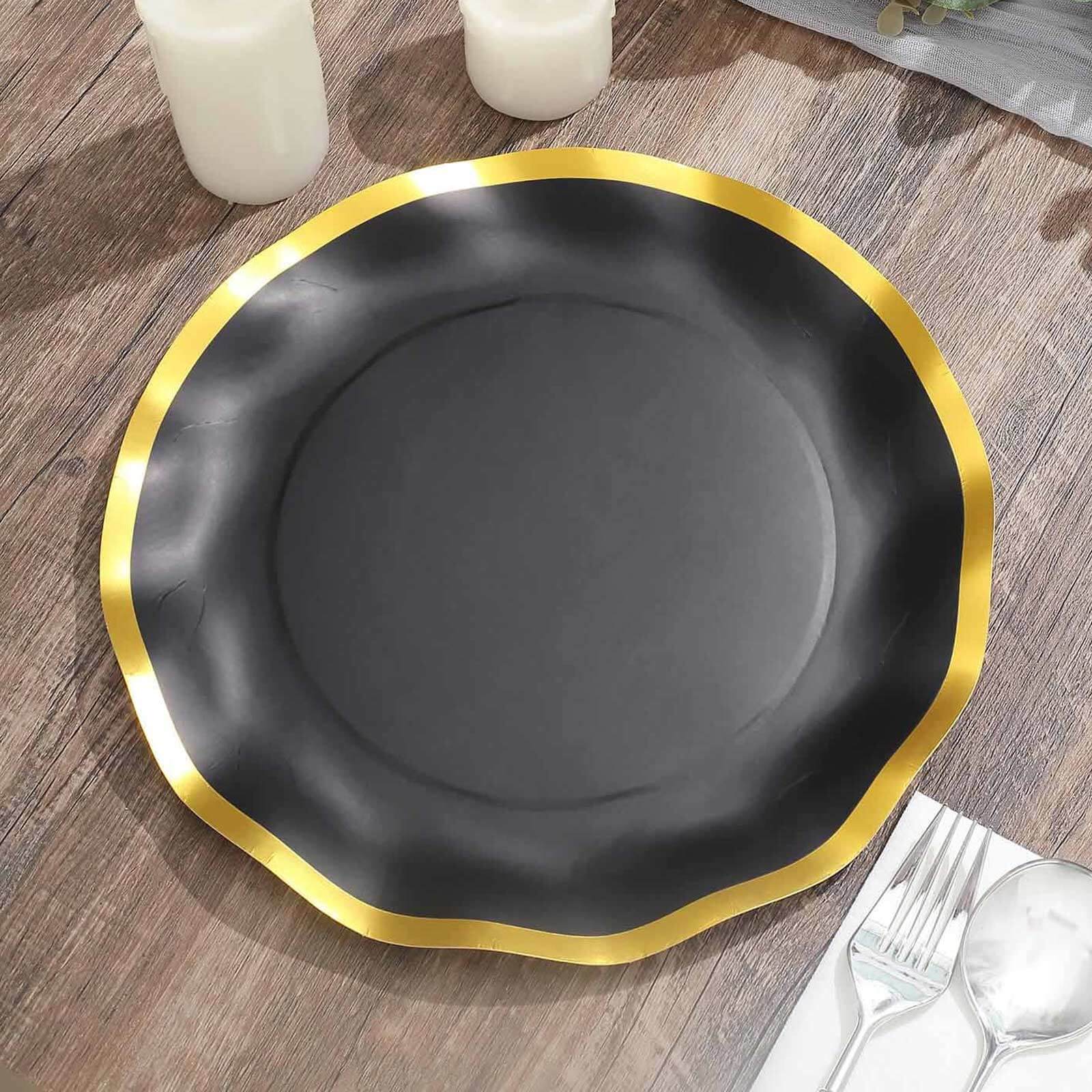 25-Pack Paper Round Dinner Plates 10" Matte Black with Gold Wavy Rim - Disposable 350GSM Party Plates