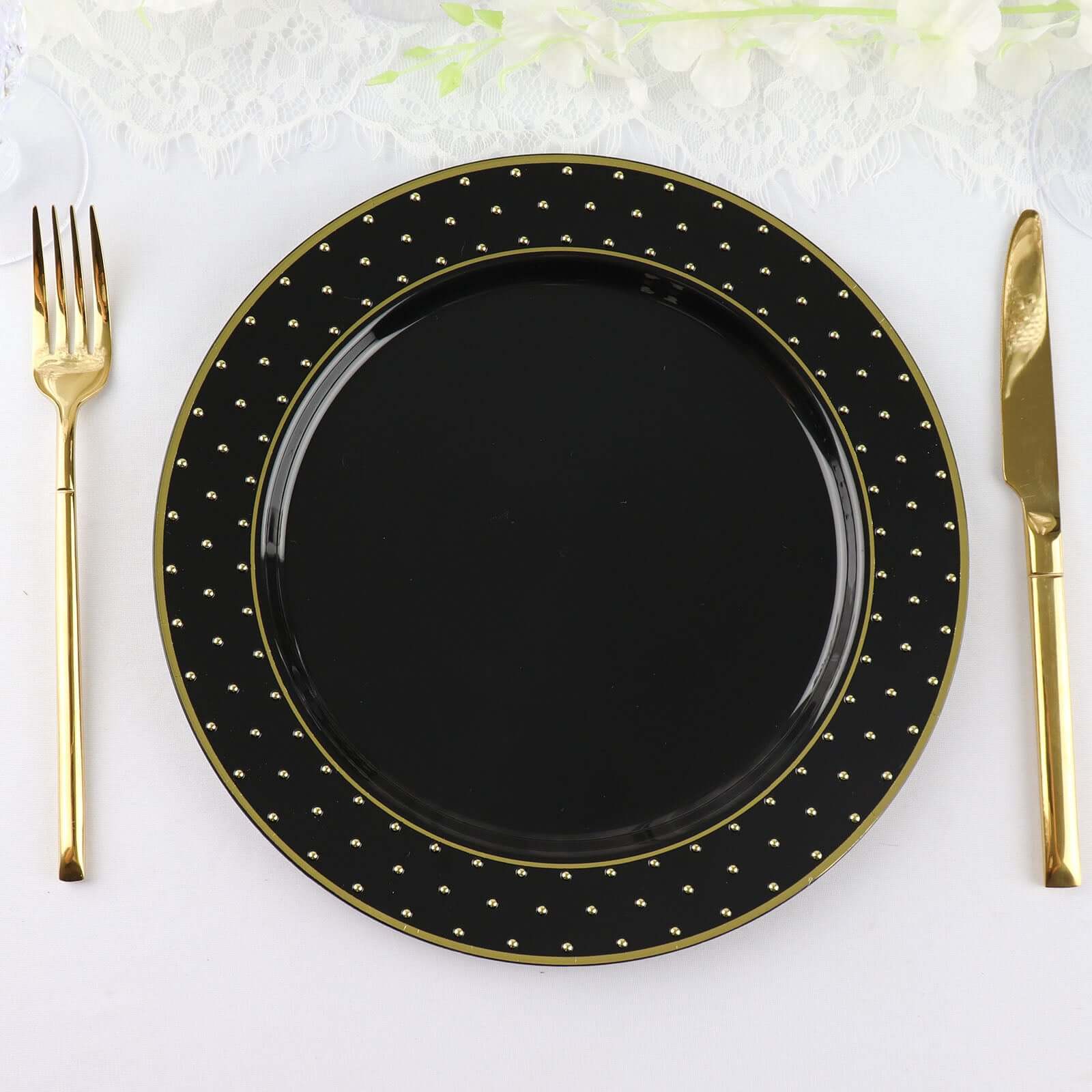 10-Pack Plastic 10" Round Dinner Plates in Black with Gold 3D Polka Dotted Rim - Sturdy Disposable Party Plates for Modern Themed Events & Banquets