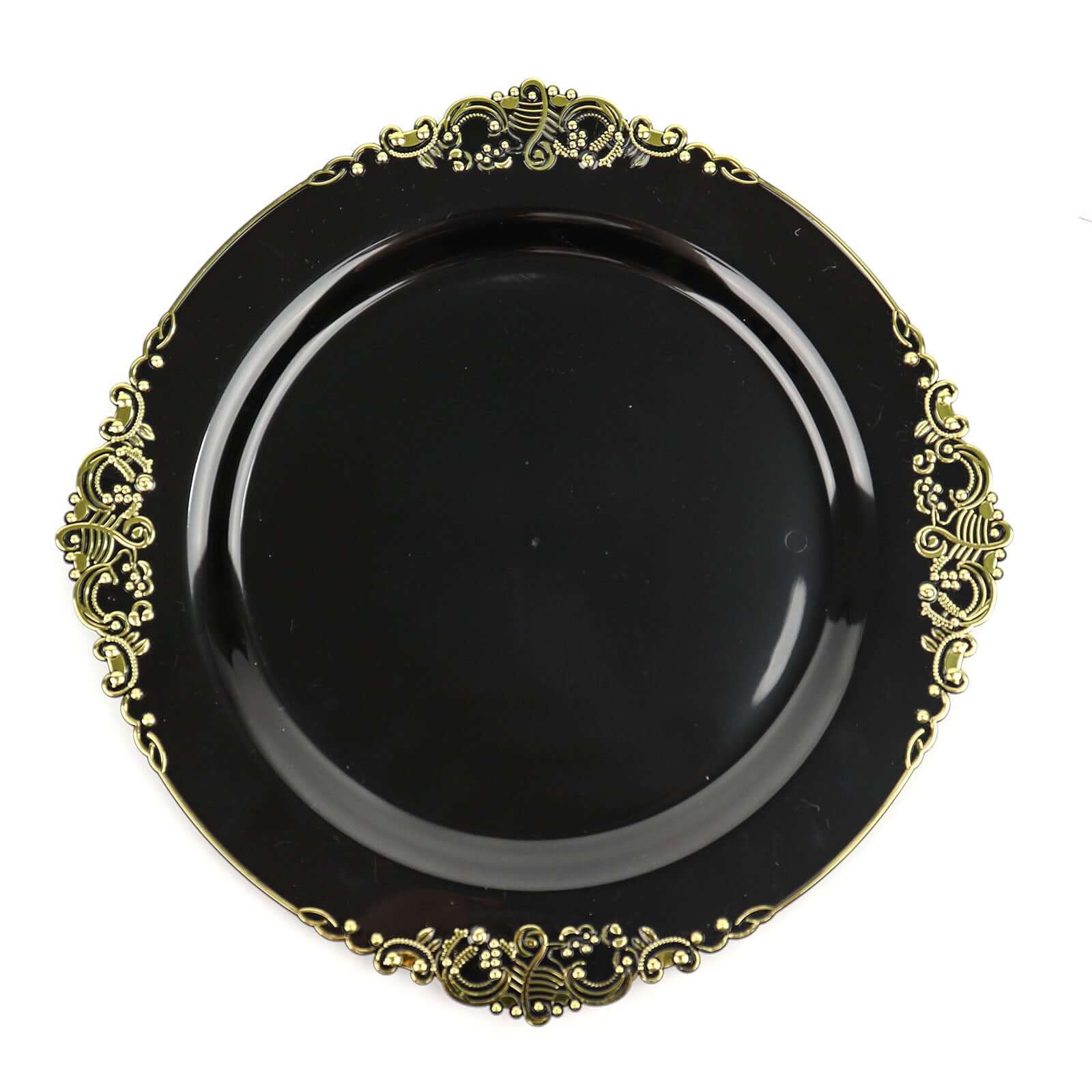 10-Pack Plastic 10" Round Dinner Plates in Black with Gold Leaf Embossed Rim - Disposable Vintage Baroque Style Plates for Luxurious Gatherings & Events