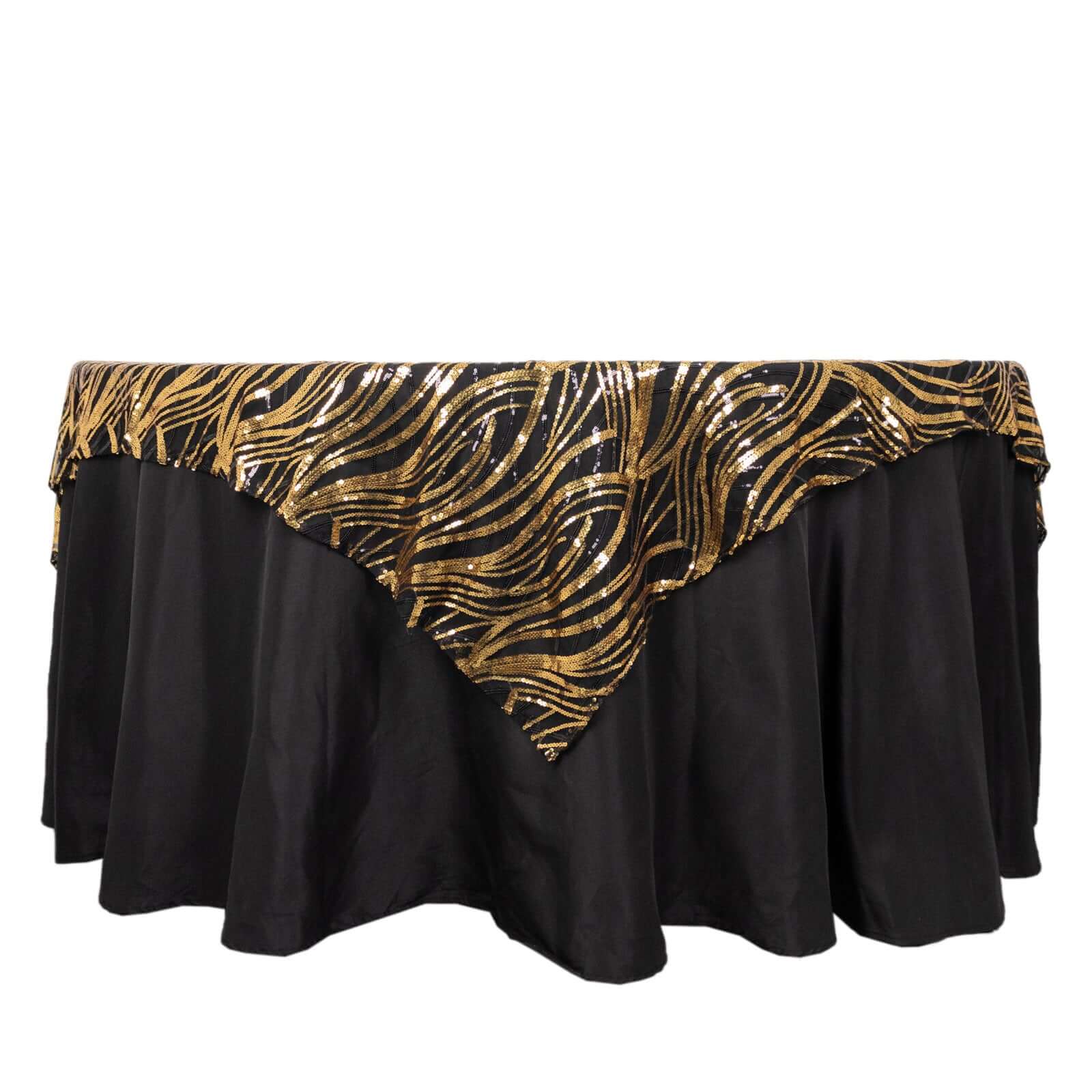 Mesh 72"x72" Table Overlay Square Tablecloth Black Gold - Wave Embroidered Sequins Table Topper