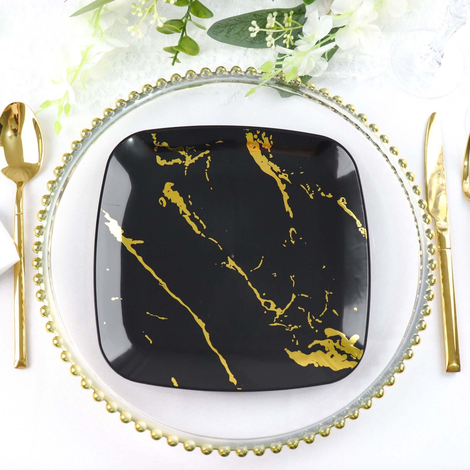 10-Pack Plastic 8" Square Dessert Plates in Black with Gold Marble Design - Disposable Appetizer Salad Party Plates