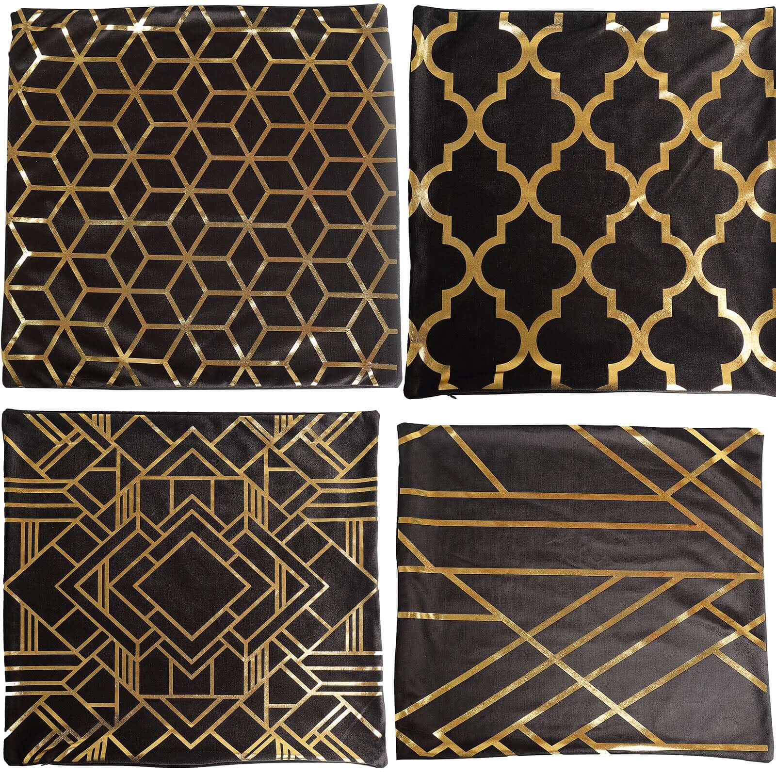 Set Of 4 18" Black Gold Foil Geometric Print Throw Pillow Covers, Velvet Square Sofa Cushion Covers