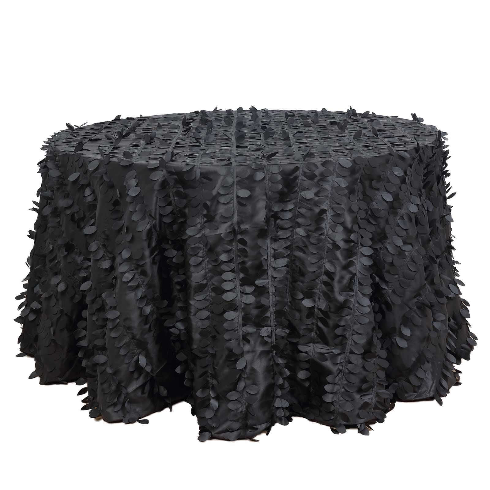 Taffeta 120" Round Tablecloth Black | 3D Leaf Petal Design Seamless Table Cover