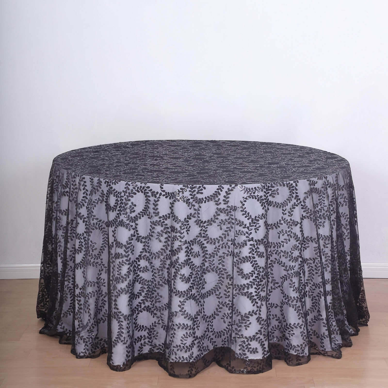Tulle 120" Round Tablecloth Black - Seamless Sequin Leaf Embroidered Table Cover
