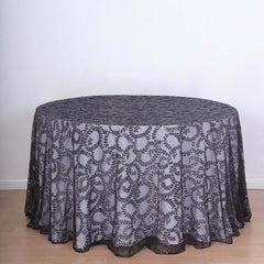 Tulle 120" Round Tablecloth Black - Seamless Sequin Leaf Embroidered Table Cover