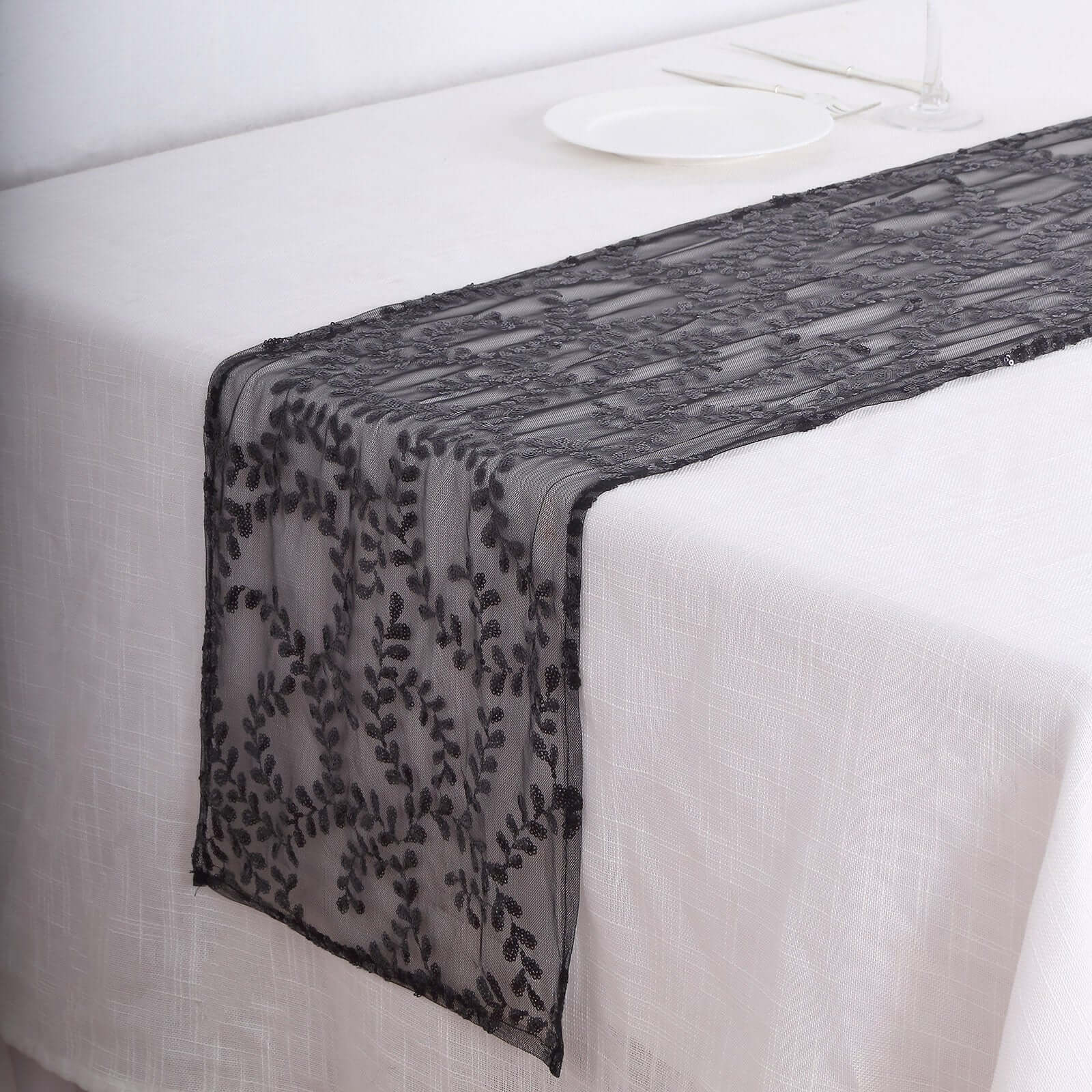 Mesh 12"x108" Table Runner Black - Leaf Vine Embroidery