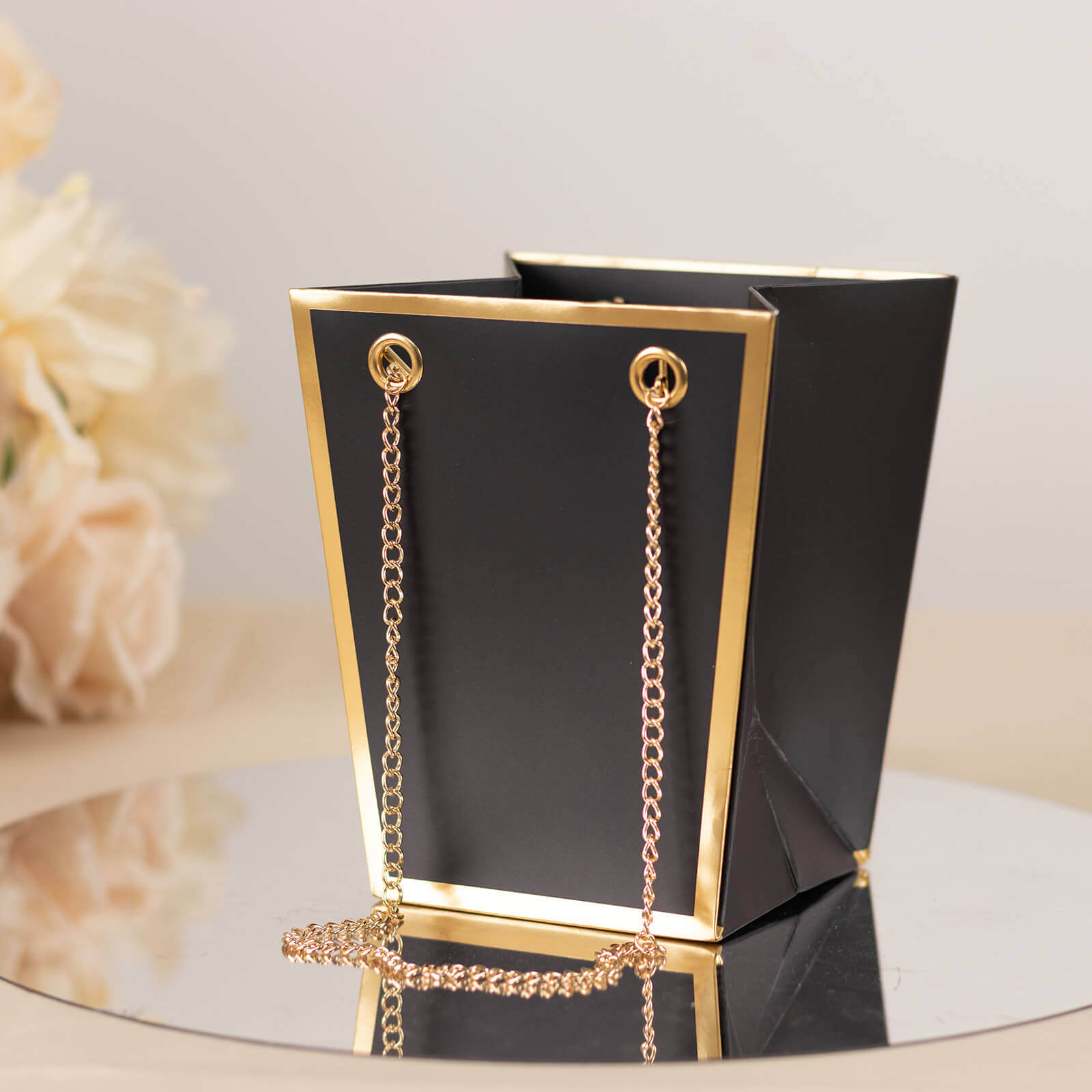6 Pack Black Gold Edge Paper Flower Gift Bags With Metal Chain Handles, Trapezoid Party Favor Tote Bags - 5"x6"