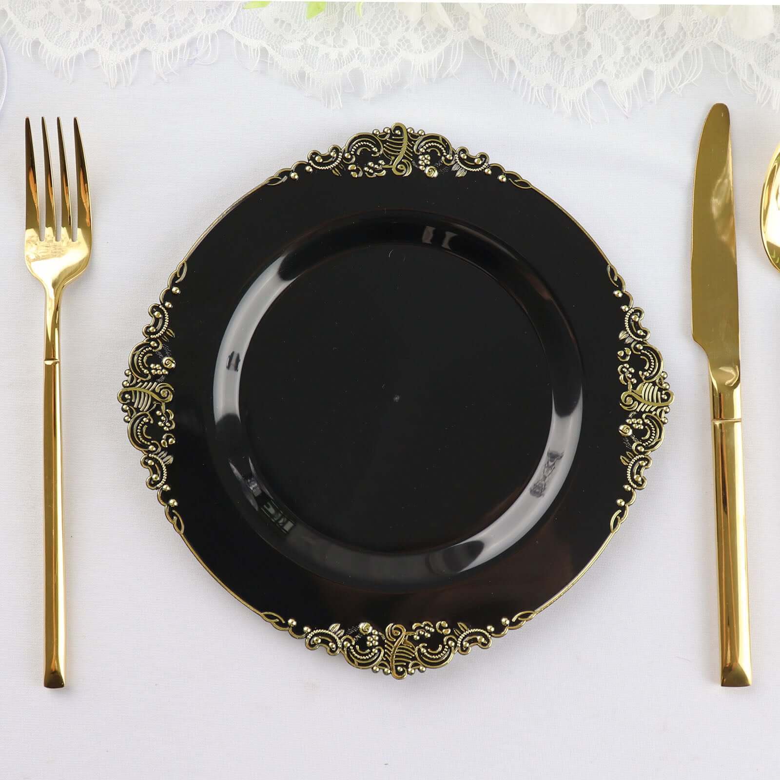 10-Pack Plastic 8" Round Dessert Plates in Black with Gold Leaf Embossed Rim - Disposable Vintage Baroque Style Salad Plates