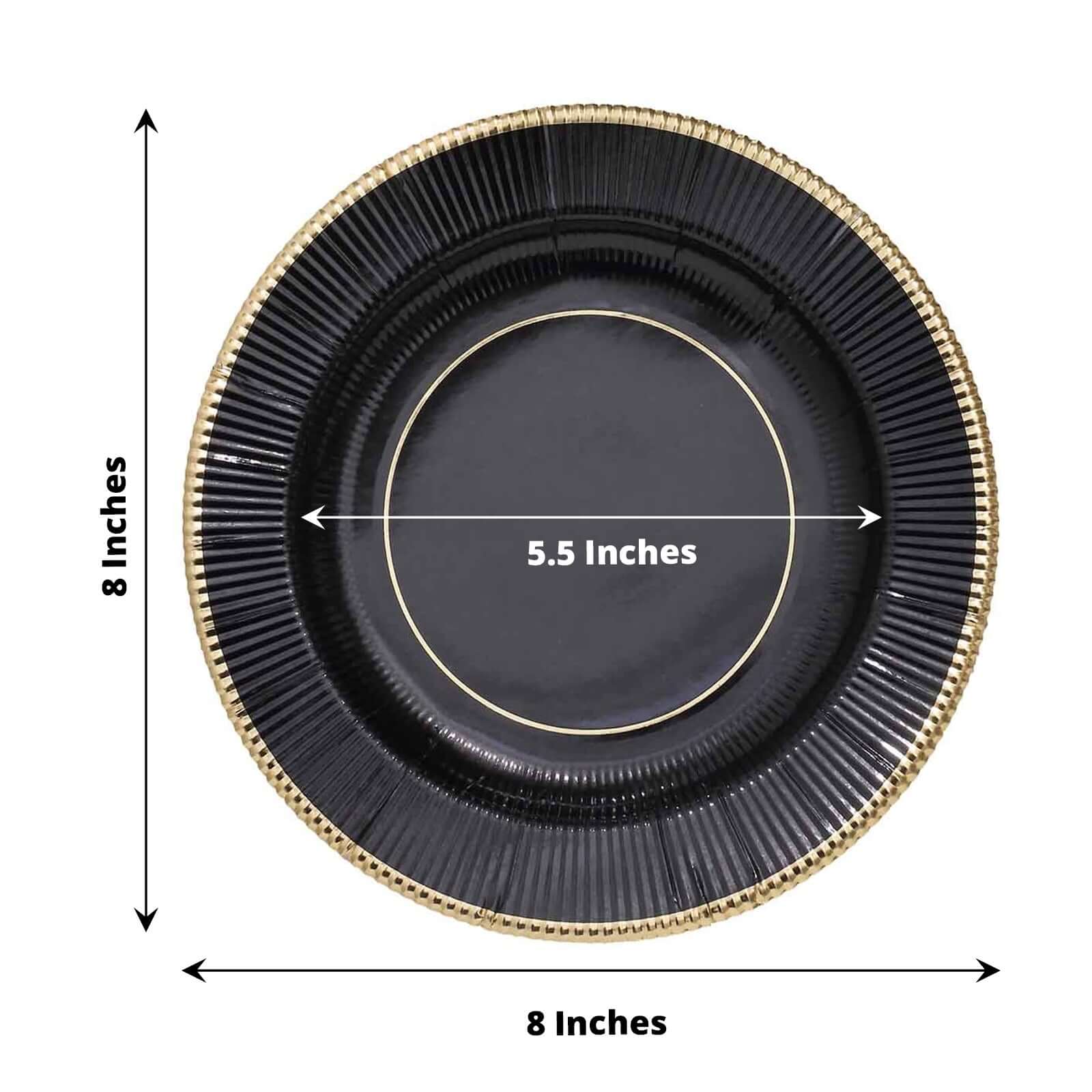 25-Pack Paper 8" Round Dessert Plates in Black Sunray Design with Gold Rim - Disposable Heavy Duty 350GSM Appetizer Salad Plates