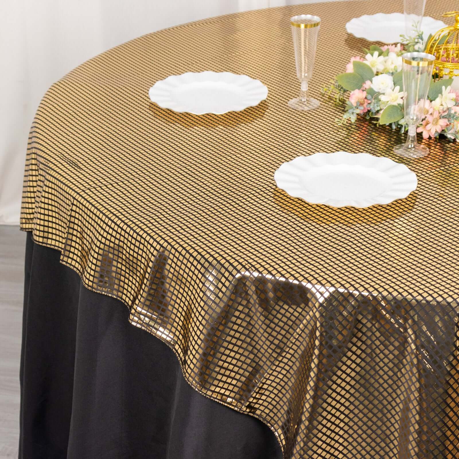 Polyester 72"x72" Table Overlay Square Tablecloth Black - Gold Foil Disco Mirror Ball Design for Stylish Celebrations