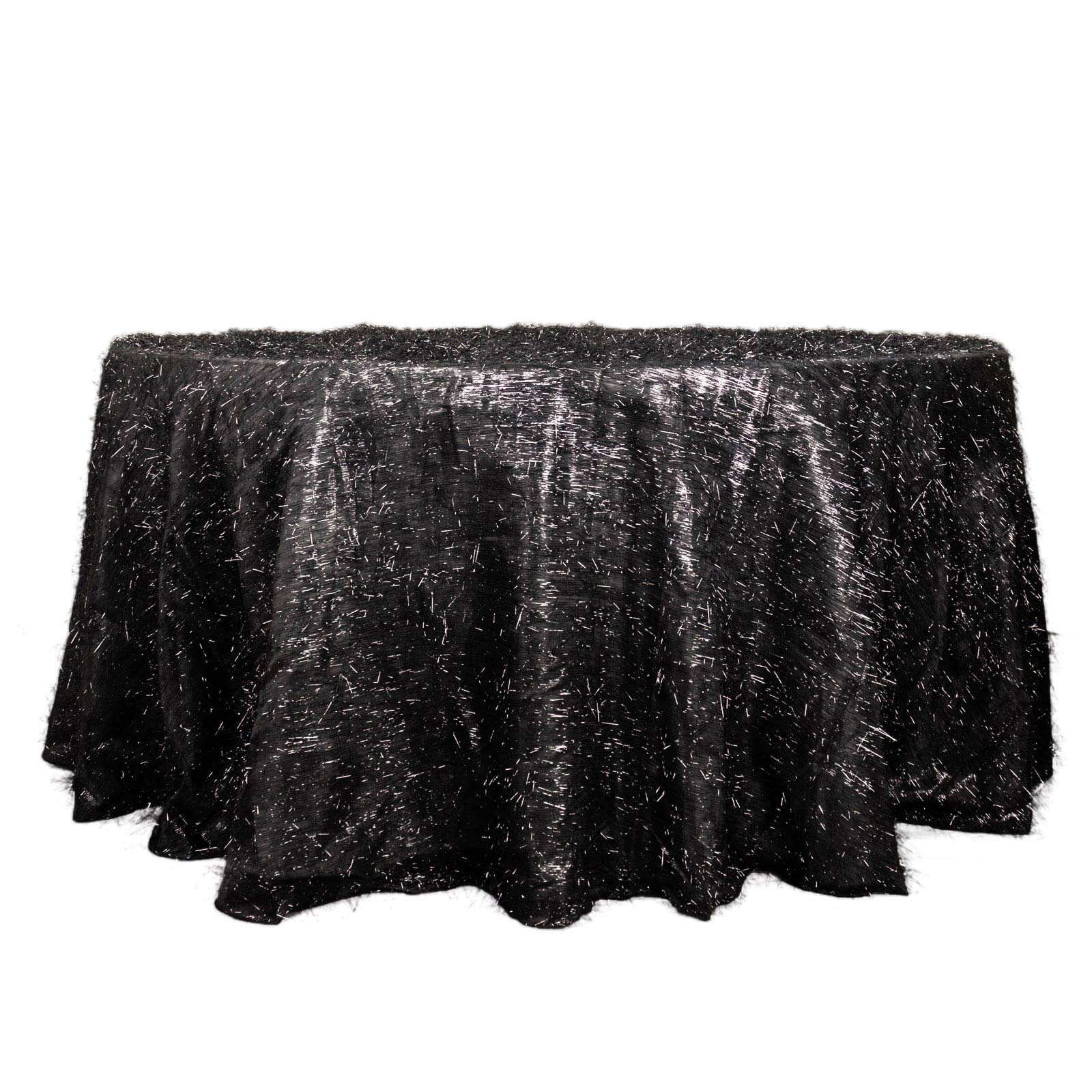 Polyester 120" Round Black Tablecloth Metallic Fringe Shag Tinsel Table Cover