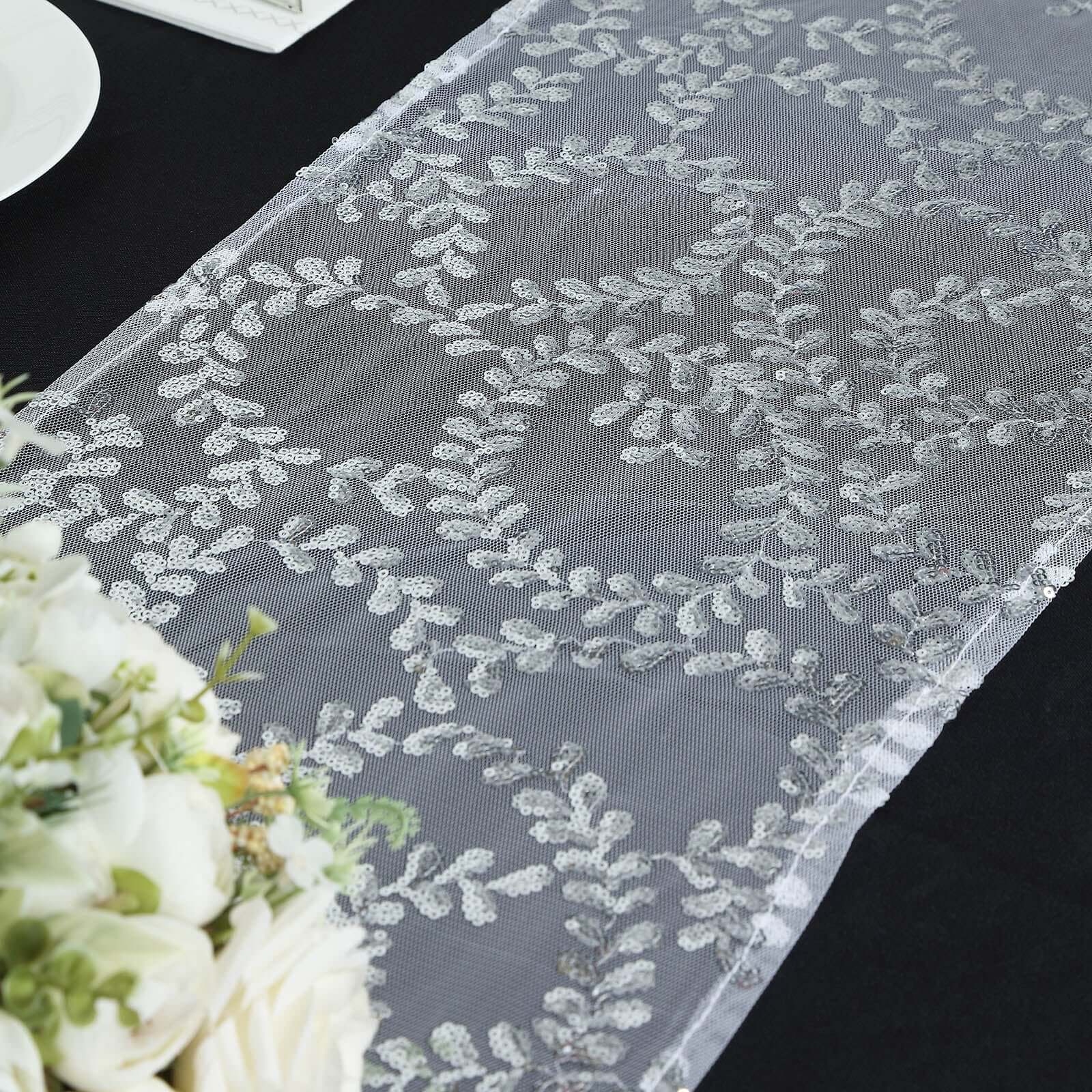 Mesh 12"x108" Table Runner Silver - Leaf Vine Embroidery