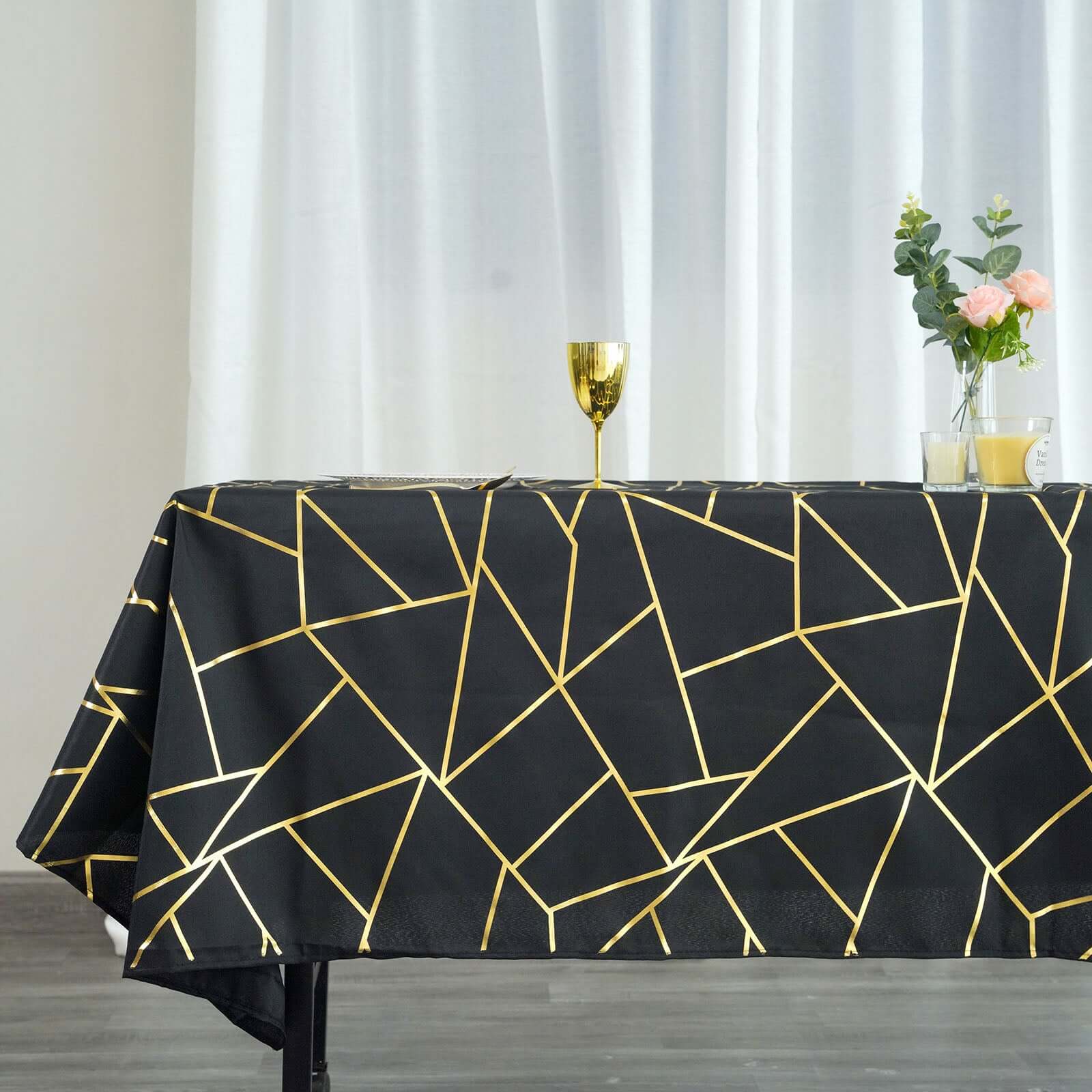 Polyester 60"x102" Rectangle Tablecloth Black with Gold Foil Geometric Pattern - Wrinkle-Resistant & Durable Table Cover