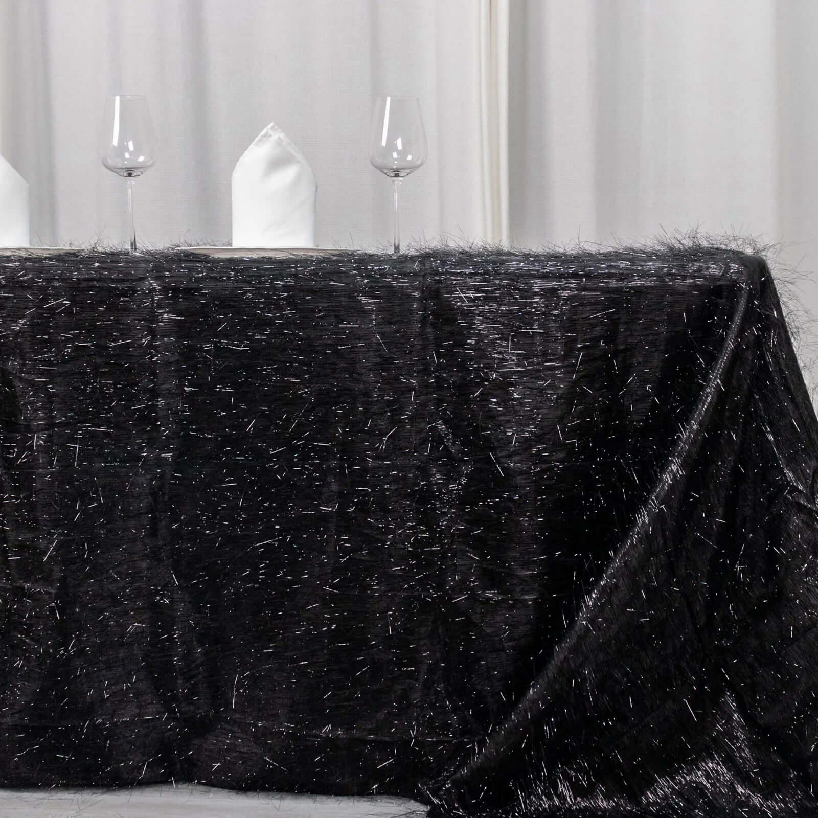Polyester 90"x156" Rectangle Tablecloth Black Metallic Fringe Shag Tinsel Table Cover