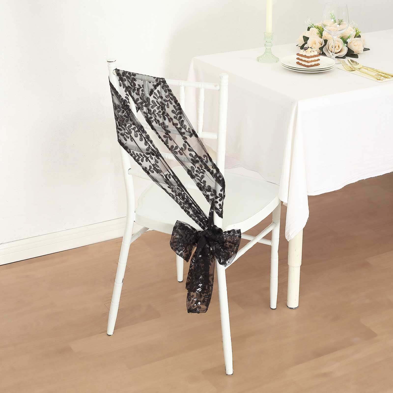5 Pack Tulle Chair Sashes with Leaf Vine Embroidered Sequins Black 6"x88"