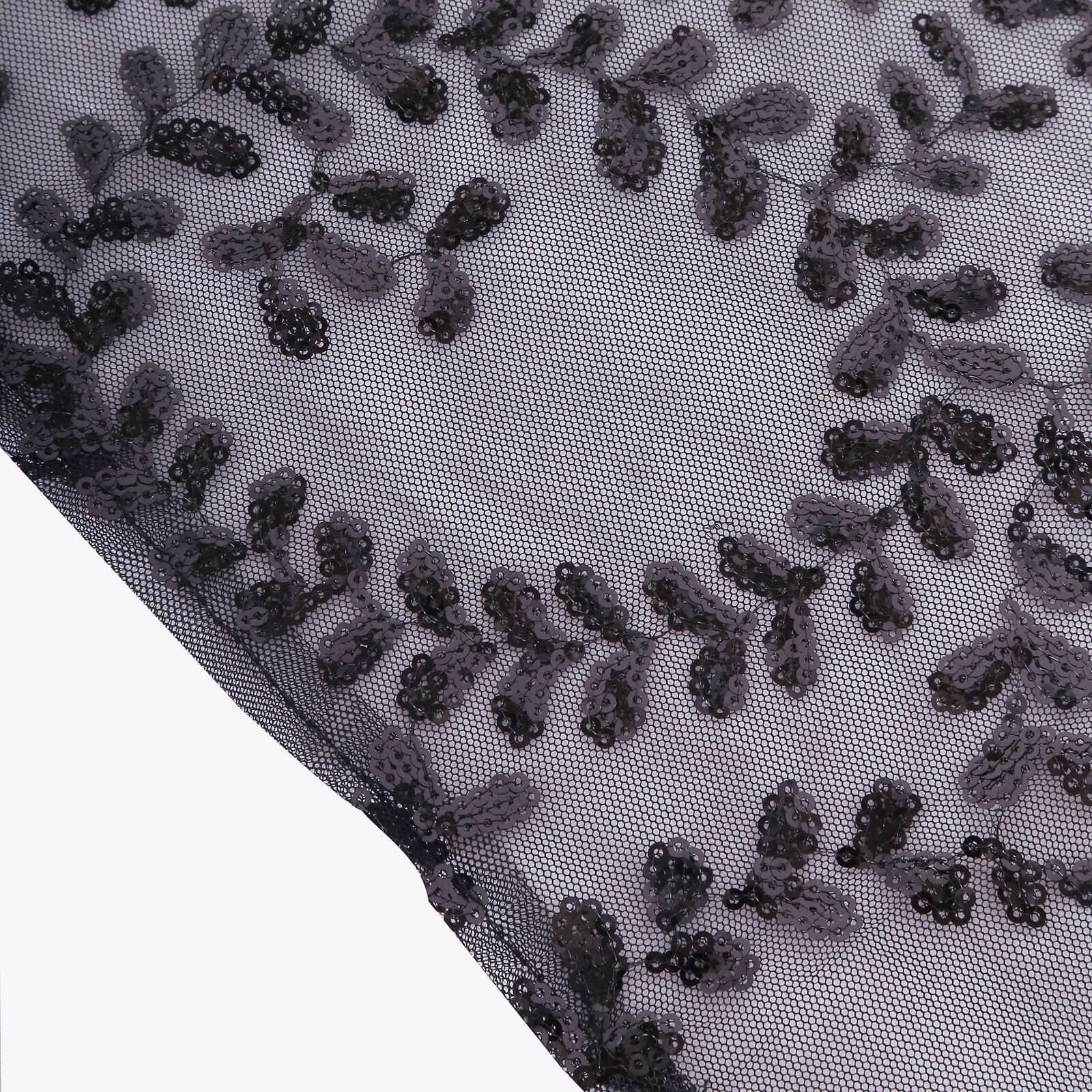 Tulle 90"x156" Rectangle Tablecloth Black - Sequin Leaf Embroidered Table Cover