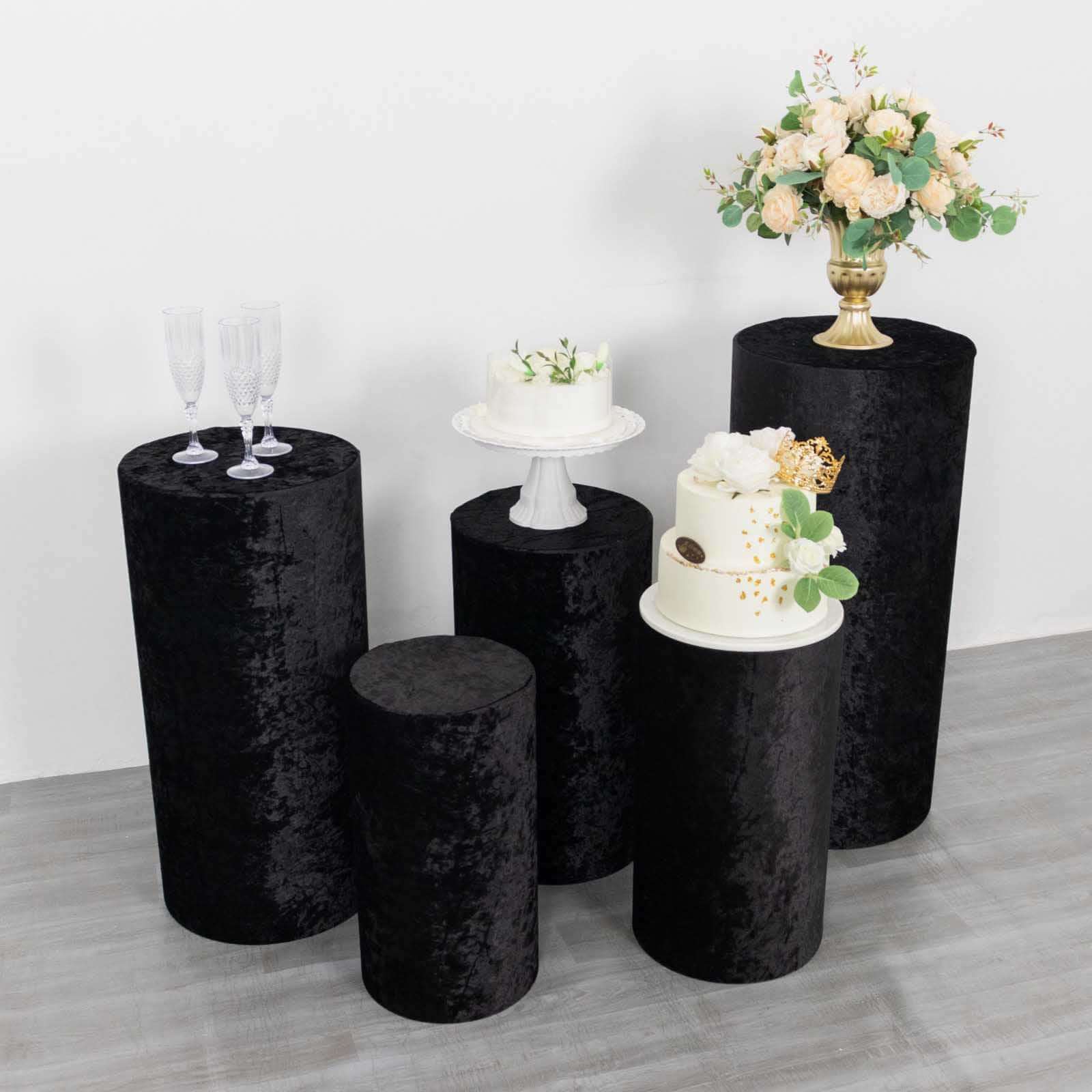 Set of 5 Black Crushed Velvet Cylinder Pedestal Stand Covers, Premium Pillar Prop Covers