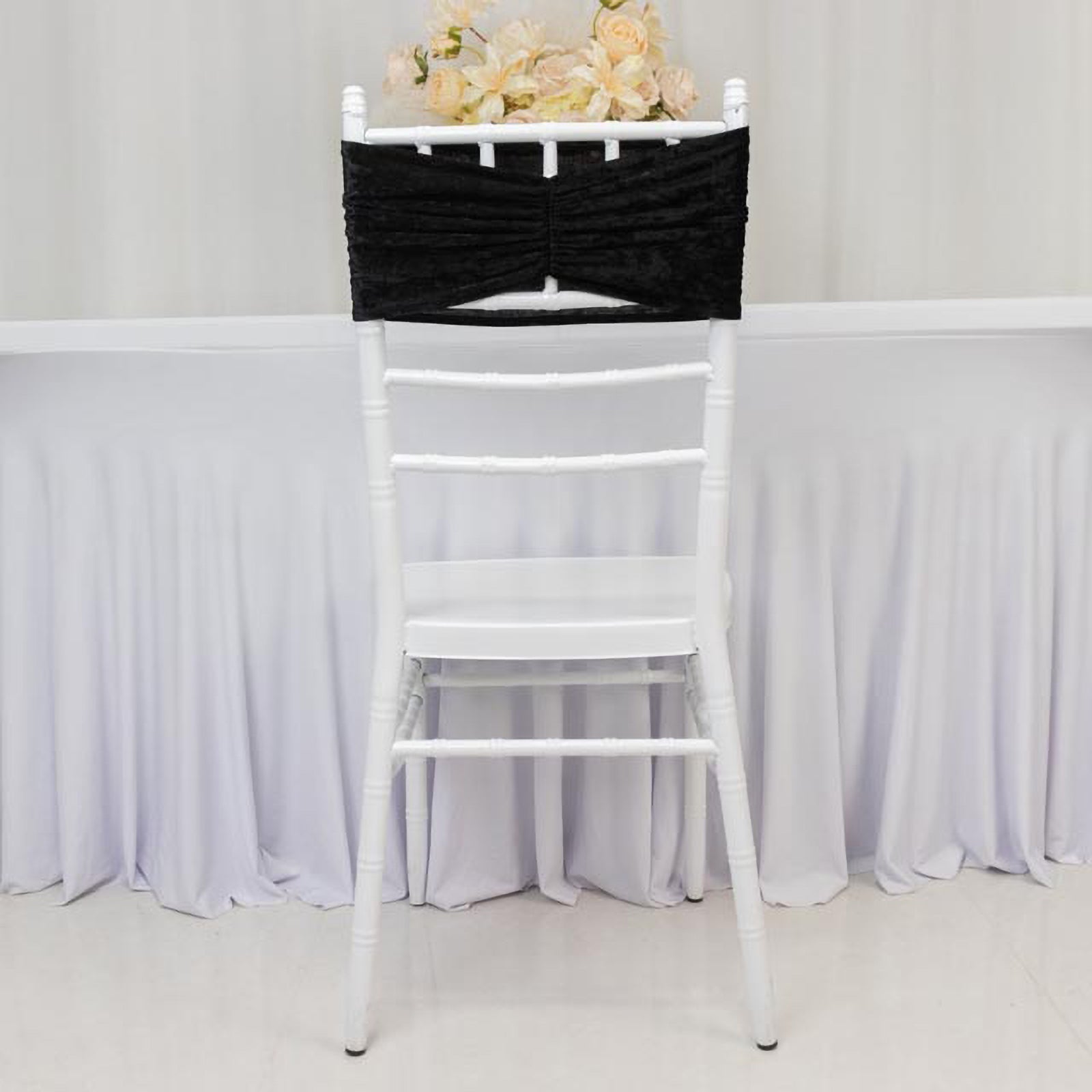 5 Pack Crushed Velvet Chair Bands Black Wide Ruffle Style - Textured Chair Sashes for Stunning Event Decor - 8"x15"