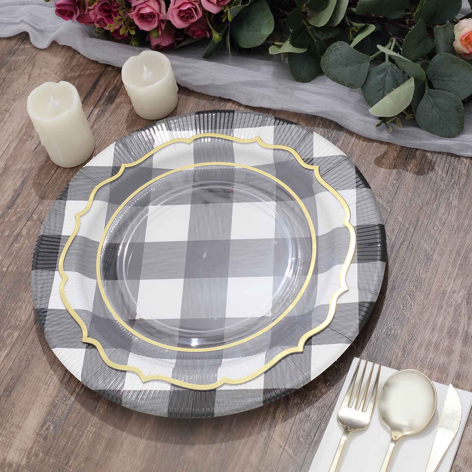 10-Pack Disposable Paper Charger Plates – Black/White Buffalo Plaid 13" Round Table Chargers, 350 GSM Cardstock