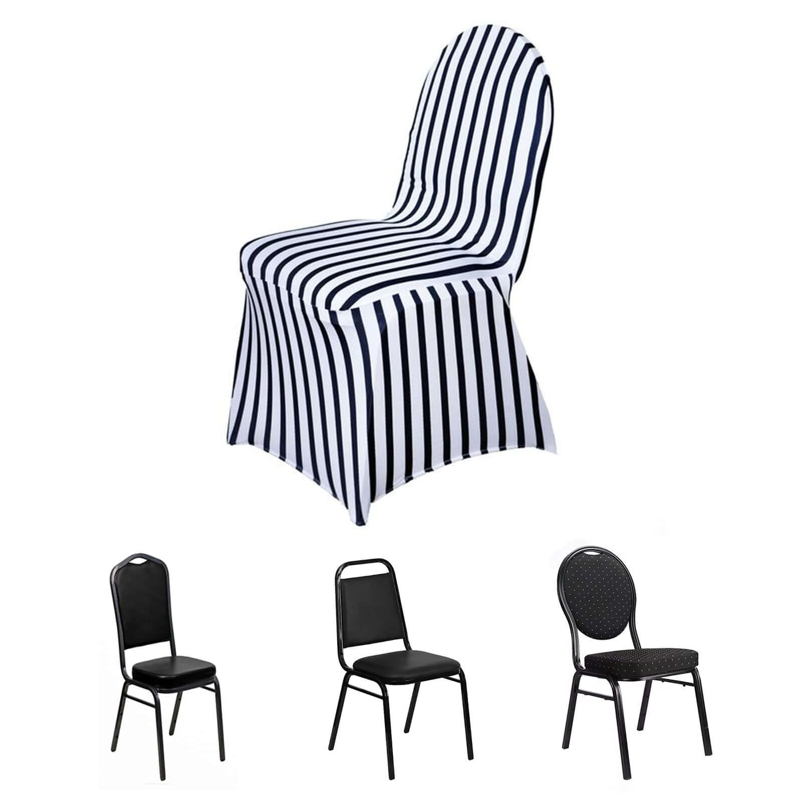 Spandex Chair Cover with Foot Pockets for Banquet Chairs Black/White Striped - Durable Stretch Fitted Slipcover for Weddings & Gatherings