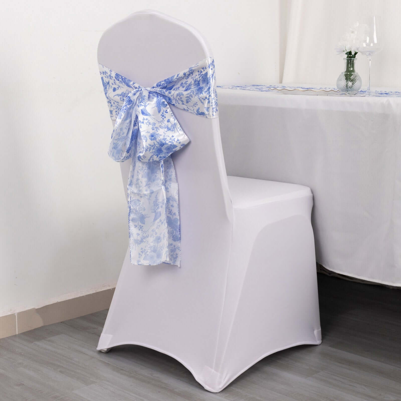 5 Pack Satin Chair Sashes White/Blue French Toile Floral Pattern - Wrinkle-Resistant & Reusable Chair Bows for Effortless Event Setup 6"x108"