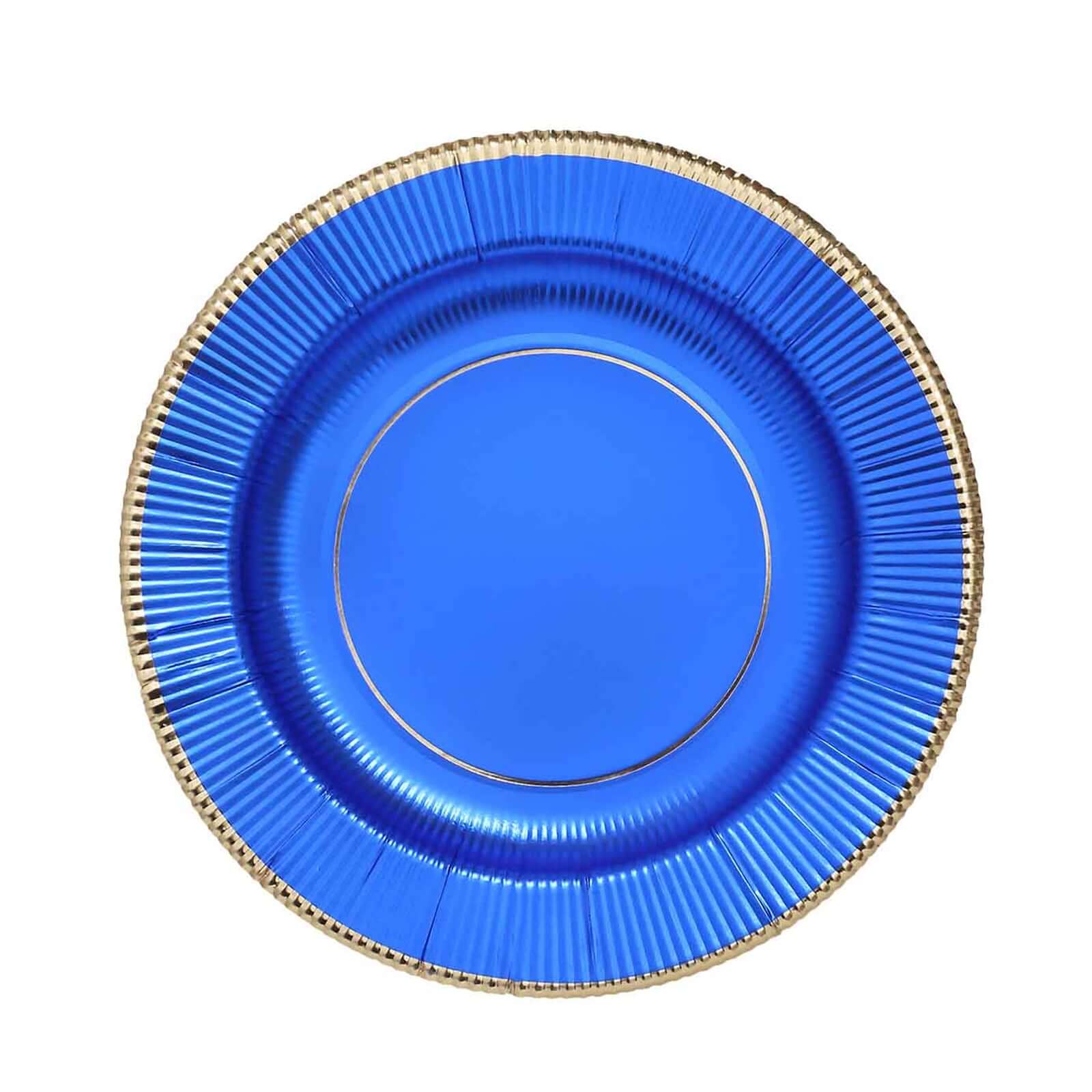 25-Pack Paper 8" Round Dessert Plates in Royal Blue Sunray Design with Gold Rim - Disposable Heavy Duty 350GSM Appetizer Salad Plates
