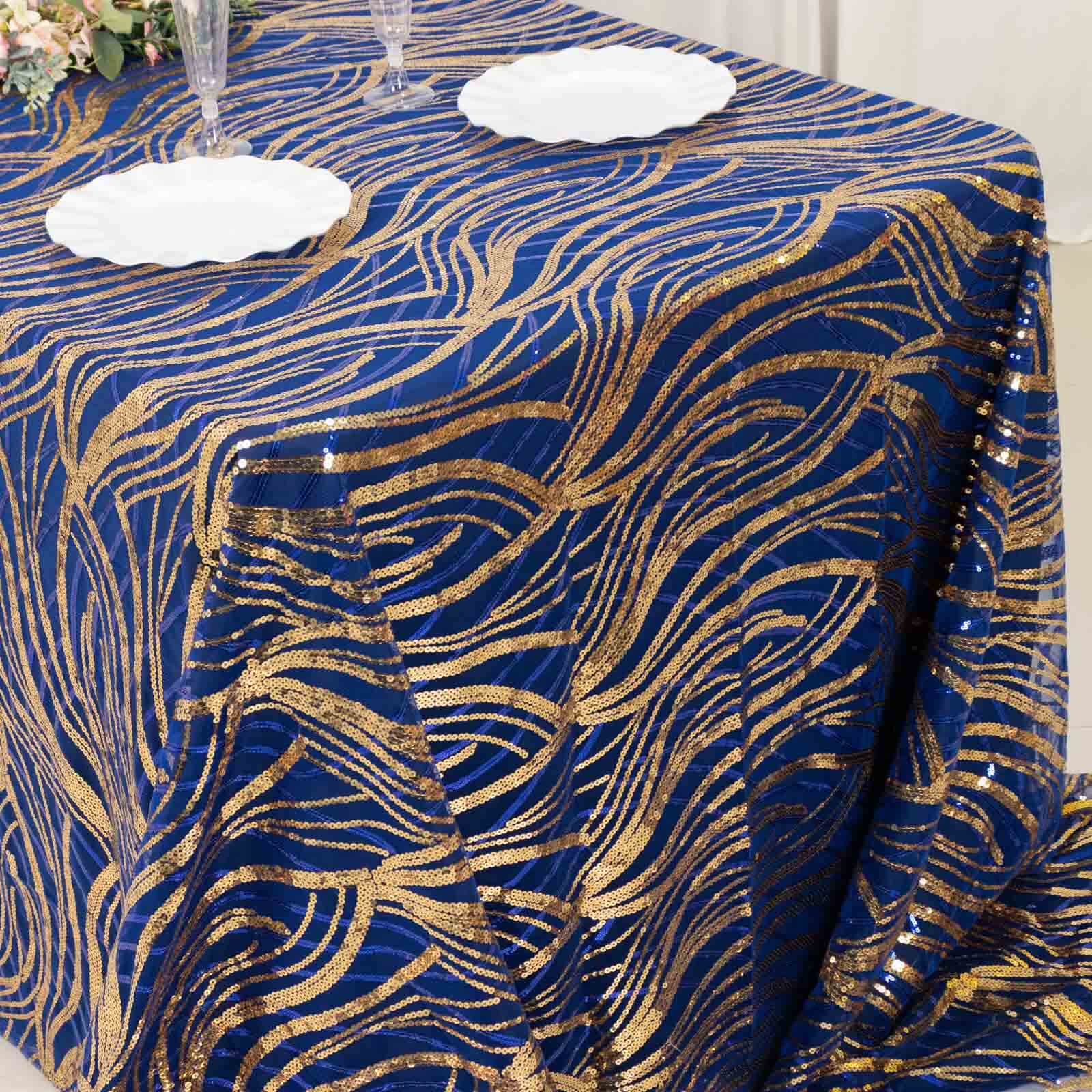 Mesh 90"x156" Rectangle Tablecloth Royal Blue/Gold - Wave Sequin Embroidered Table Cover