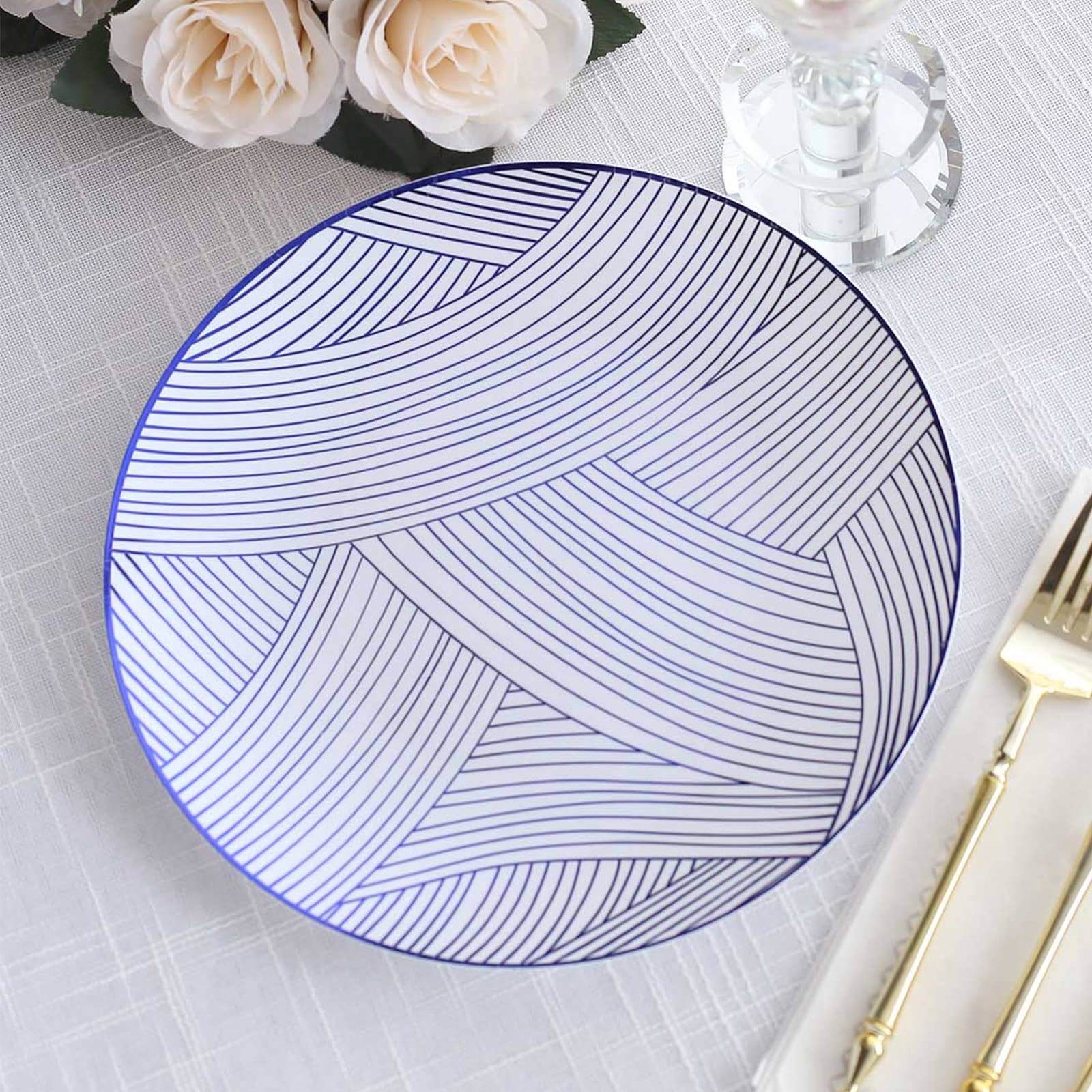10-Pack Plastic 10" Round Dinner Plates in White with Blue Wave Brush Strokes Pattern - Disposable Party Plates